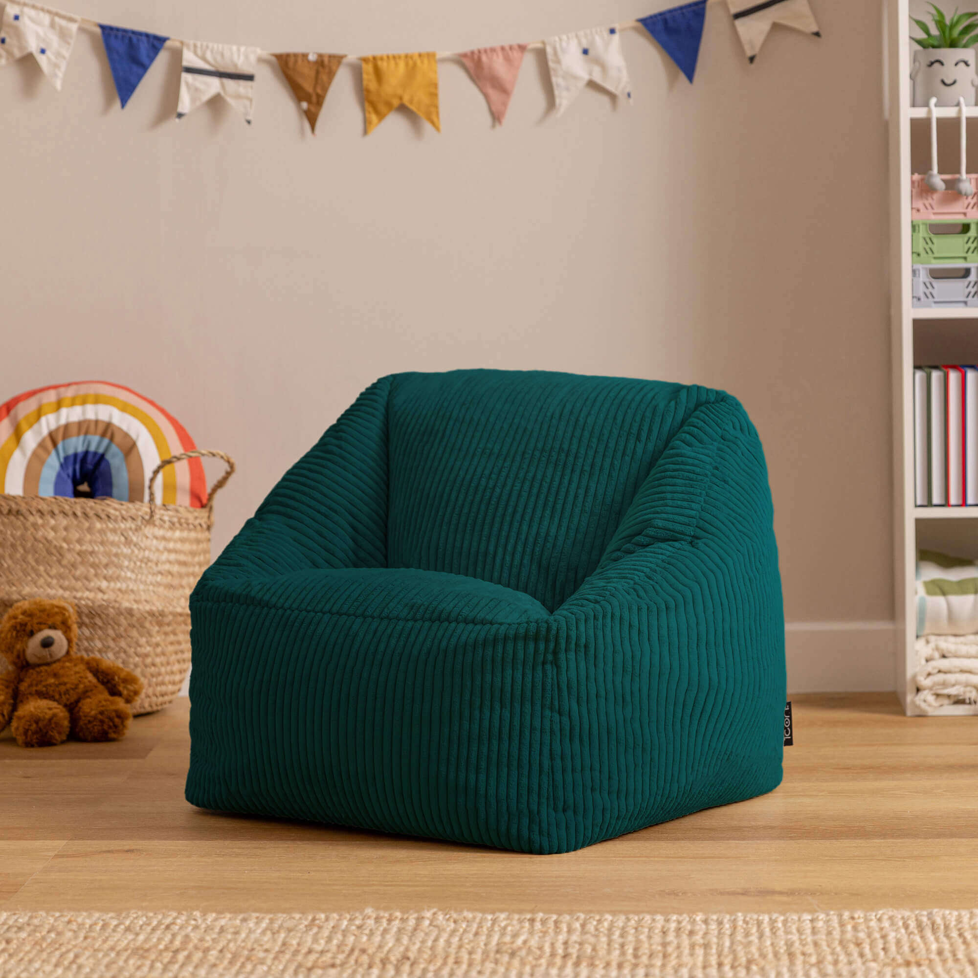 Pouf fauteuil enfant Icon velours côtelé bleu canard, chambre, salon, 55x55xcm Oeko-Tex® - 3