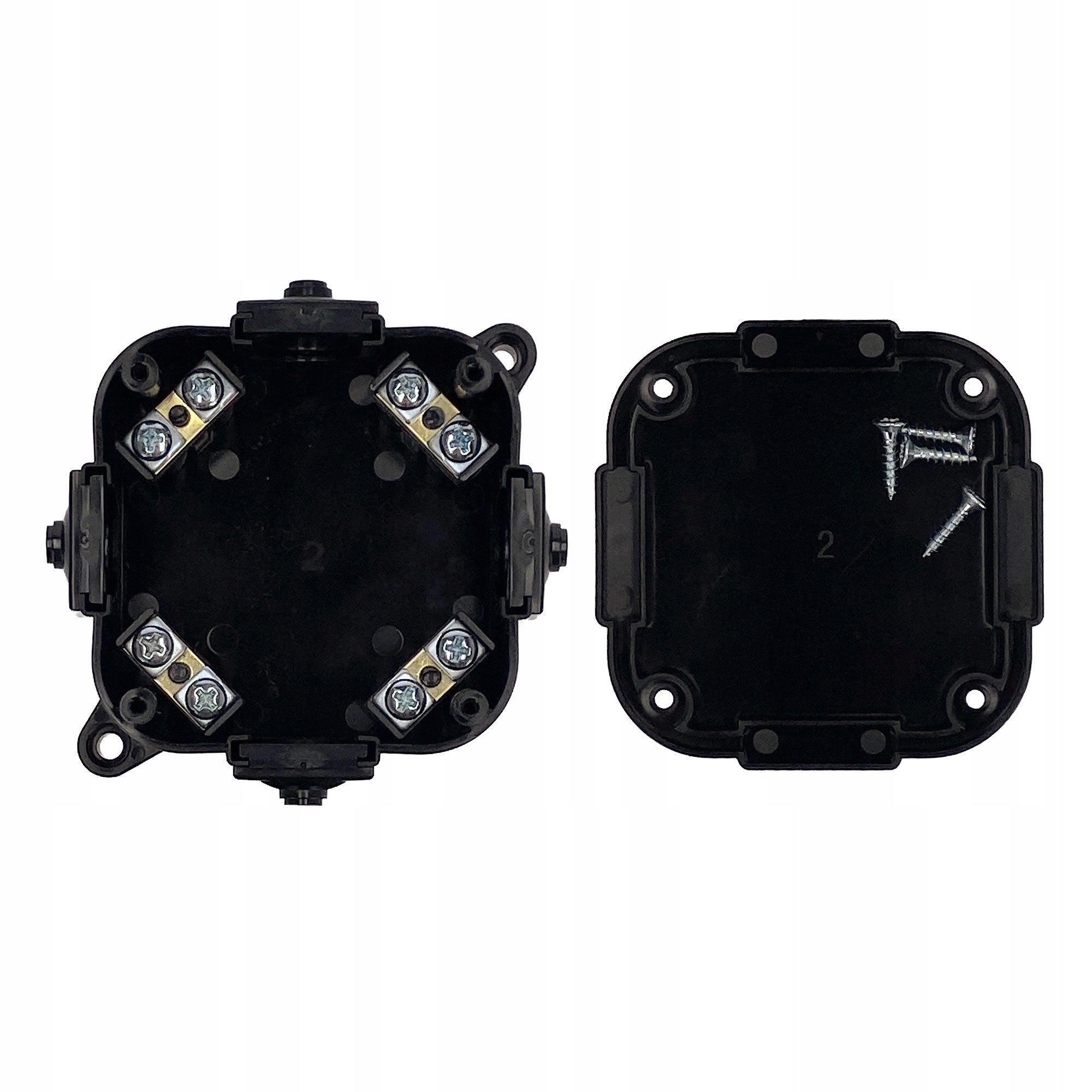 Puszka natynkowa hermetyczna 88x88x40mm 4-wlotowa, z zaciskami, zamknięcie "na wkręty" IP44, czarna EDO