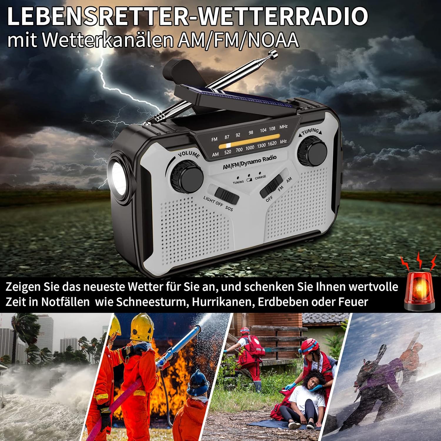 Rádio Solar, Rádio de Emergência Portátil AM/FM com Dínamo de Manivela, Lanterna LED, Alarme SOS para Camping, Emergência/Exterior (Cinza*1） - 3
