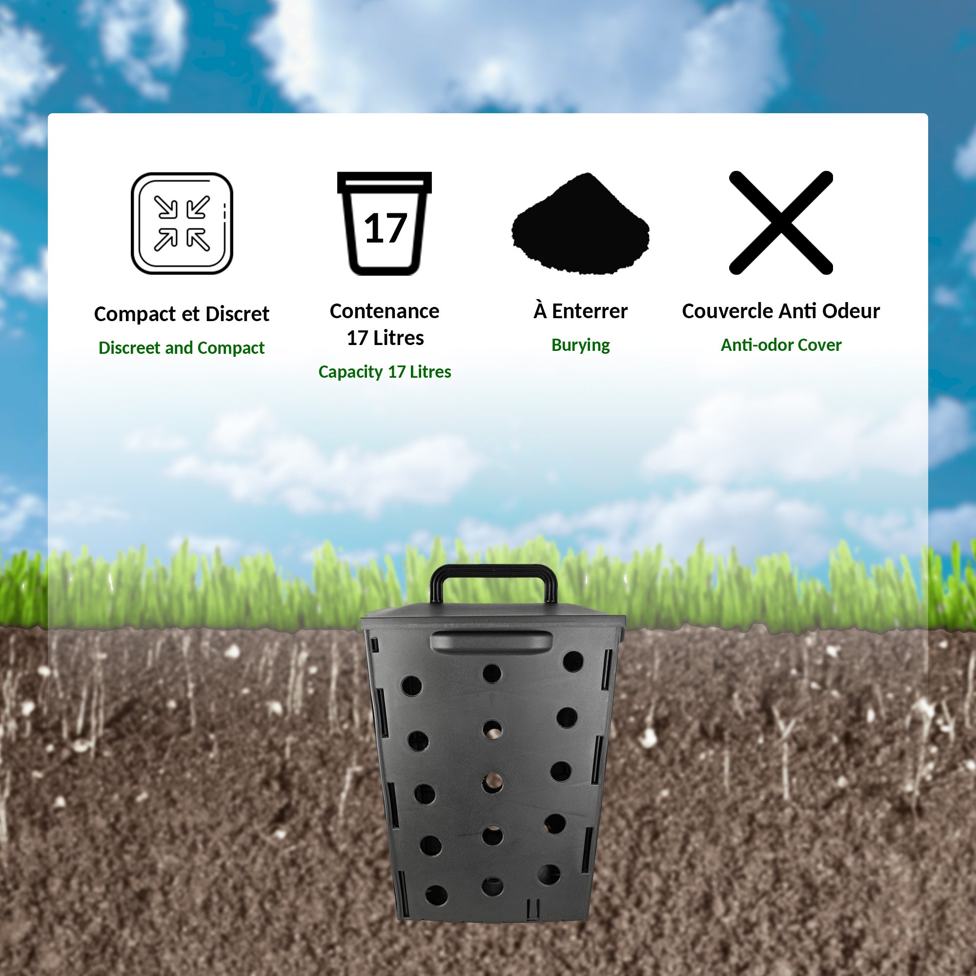 Composteur de Jardin enterrable 17 L - Bac à Compost en Plastique avec Couvercle - Lombricomposteur pour Déchets organiques et Engrais - 3