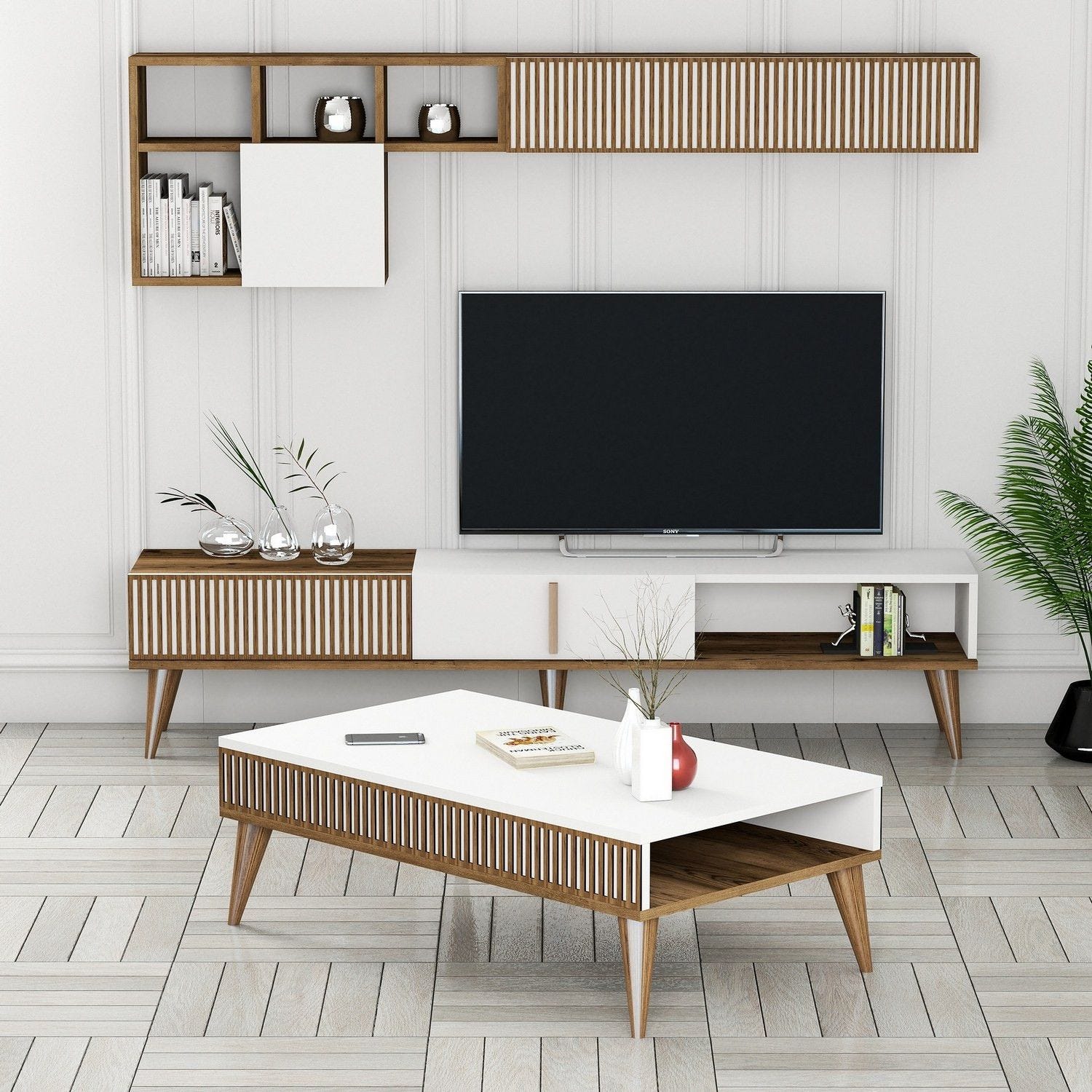 Ensemble meuble Tv, table basse et étagère murale design Ribera Bois ...