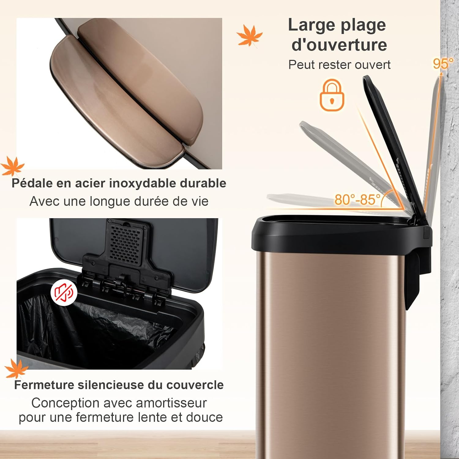 Bidone per Pattumiera da 50 L, Pattumiera da Cucina con Pedale, Coperchio e Scomparto Deodorante, Ideale per Casa Ufficio (50L, Rosa dorato) - 9