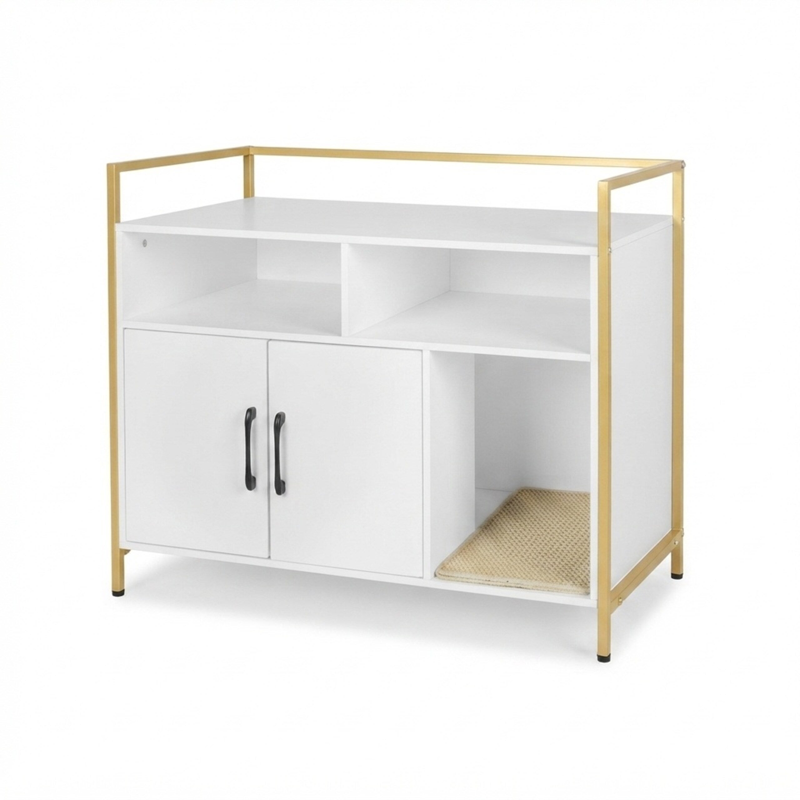 Móvel para caixa de areia para gatos com tapete, entrada, arrumação e 2 portas, 74 x 90 x 45 cm, branco/dourado, Relaxdays - 7