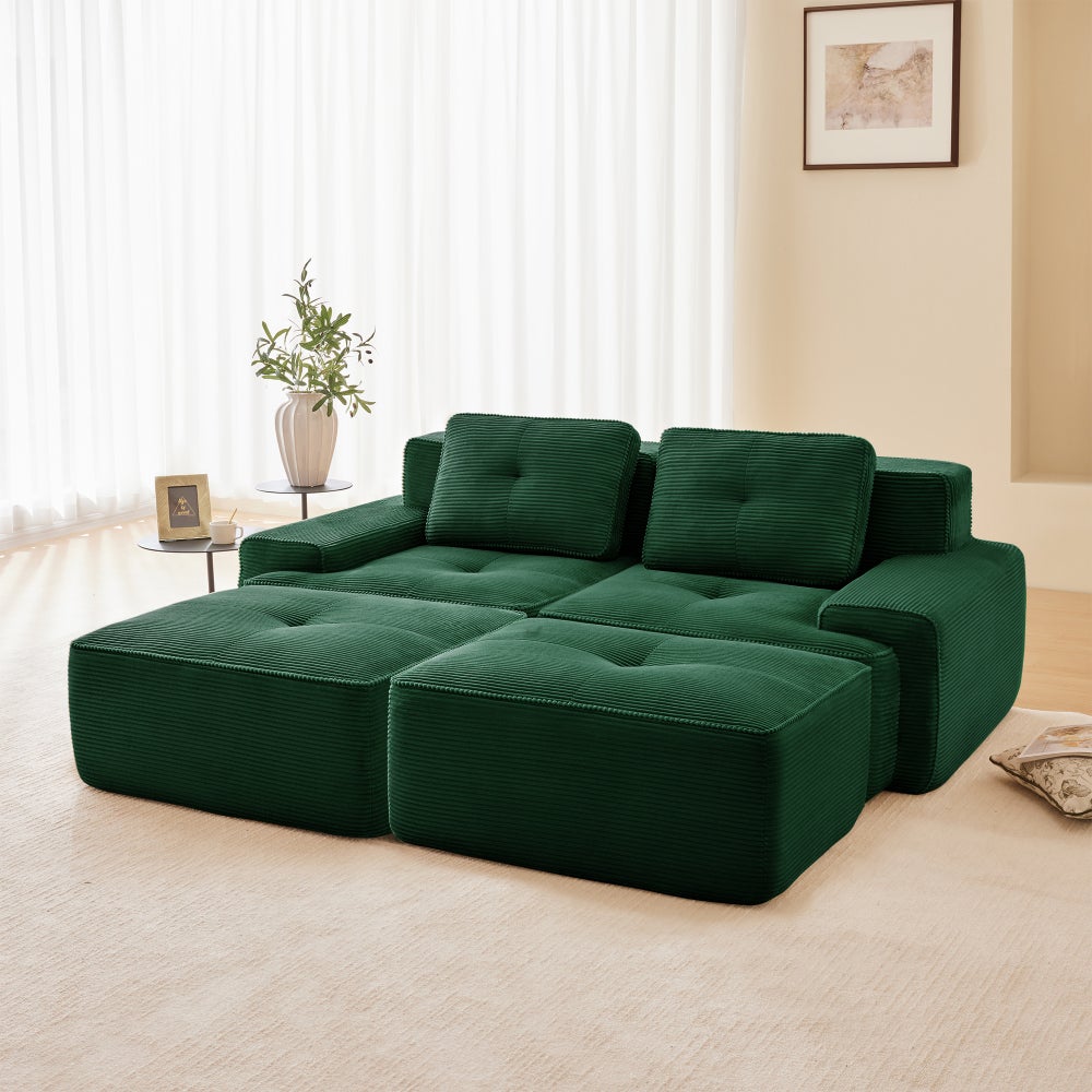 Sofa modułowa w kształcie litery U, sztruks, głębokie siedzisko, z pufem, 2-osobowa, zielona