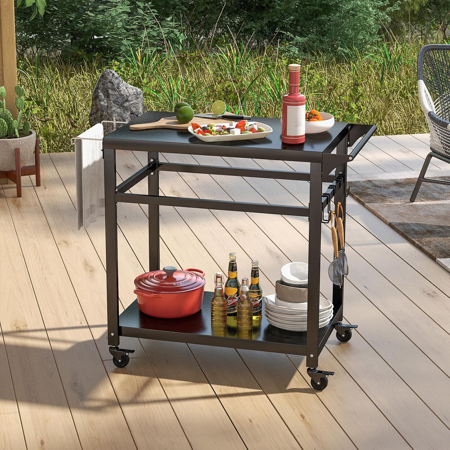 Desserte Jardin, Chariot de Barbecue avec 4 roulettes Verrouillables, Desserte Extérieur pour Barbecue, Plancha avec 4 Crochets et Étagère - 6