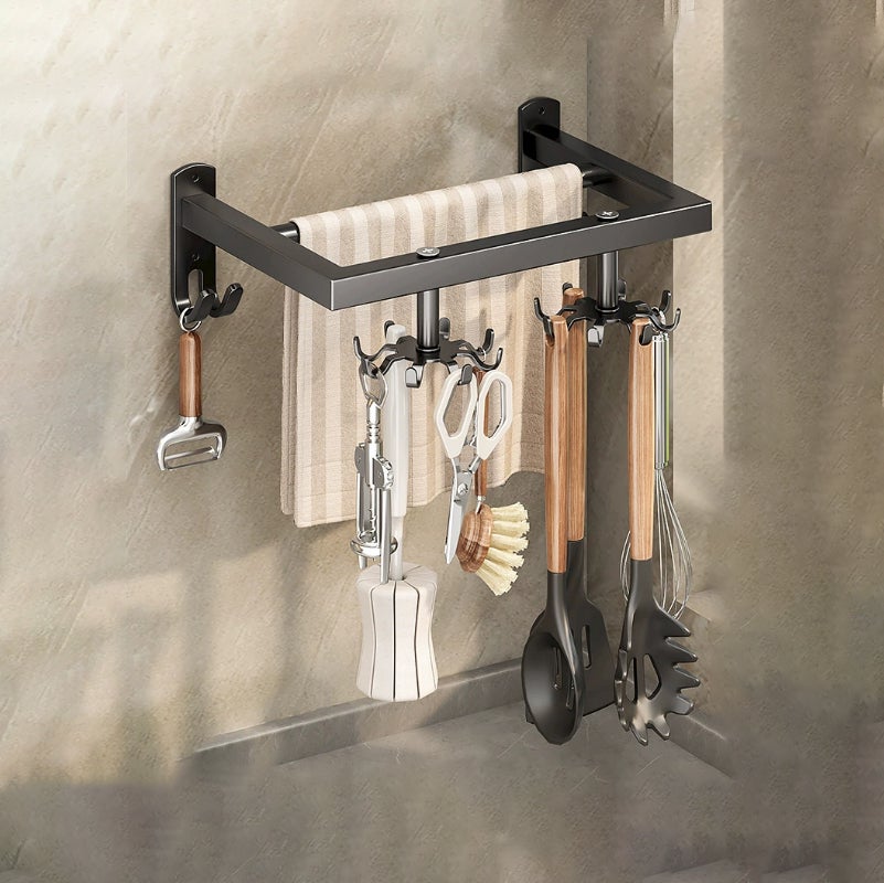 Obrotowe haczyki, uchwyt ścienny na przybory kuchenne bez konieczności wiercenia, uchwyt ścienny na szpatułki i łyżki, czarny