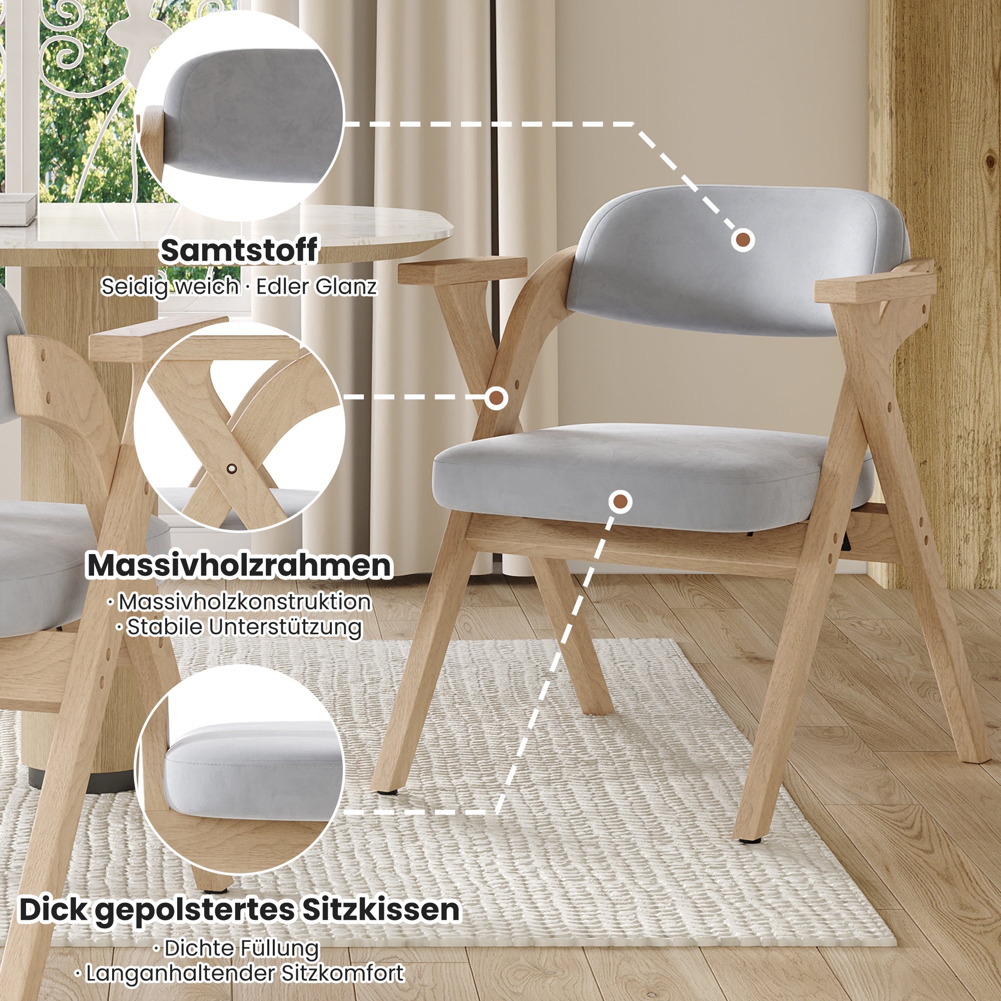 Zestaw 6 składanych i chowanych krzeseł do jadalni z podłokietnikami – 64,5 x 66,5 x 73 cm – lite drewno i aksamitna poduszka – szary - 3