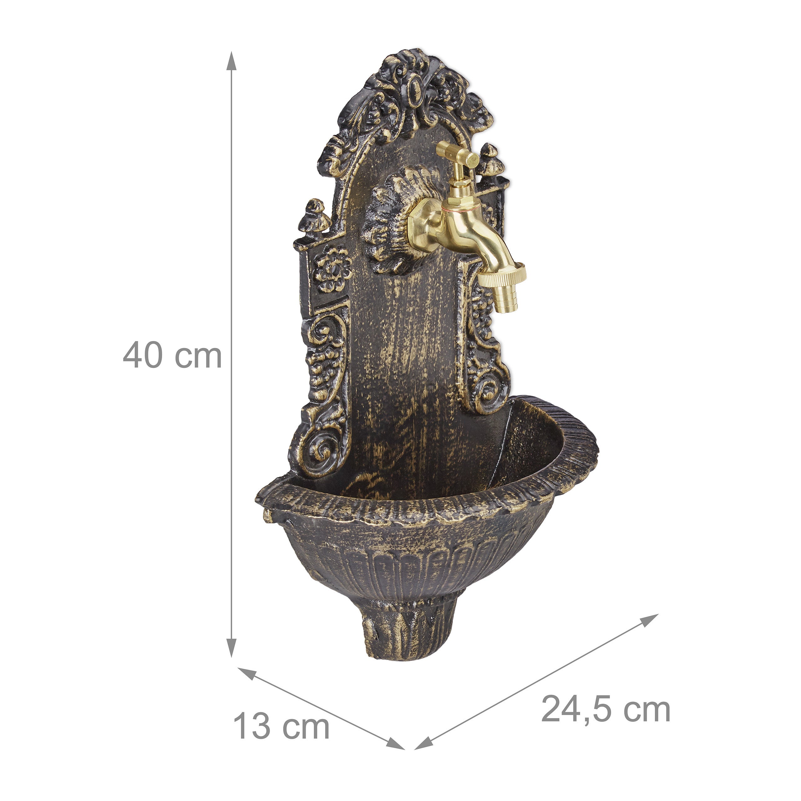 Fontaine mural style antique,robinet, Evier de jardin,fonte aluminium, HlP 40 x 24,5cm x 13 cm, noir, Relaxdays - 4