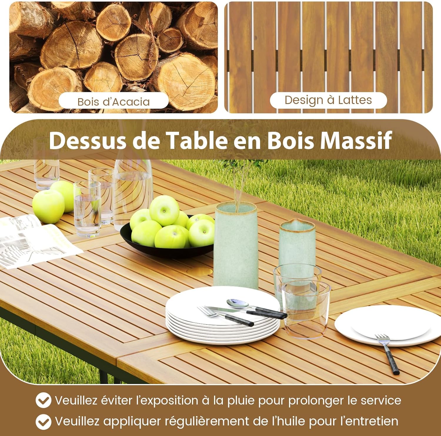 Table à Manger Extérieur en Bois d'Acacia-Certifié FSC pour 8 Personnes, Table de Jardin 200 x 90 cm Design Latte avec Trou φ5 cm pour Parasol - 3