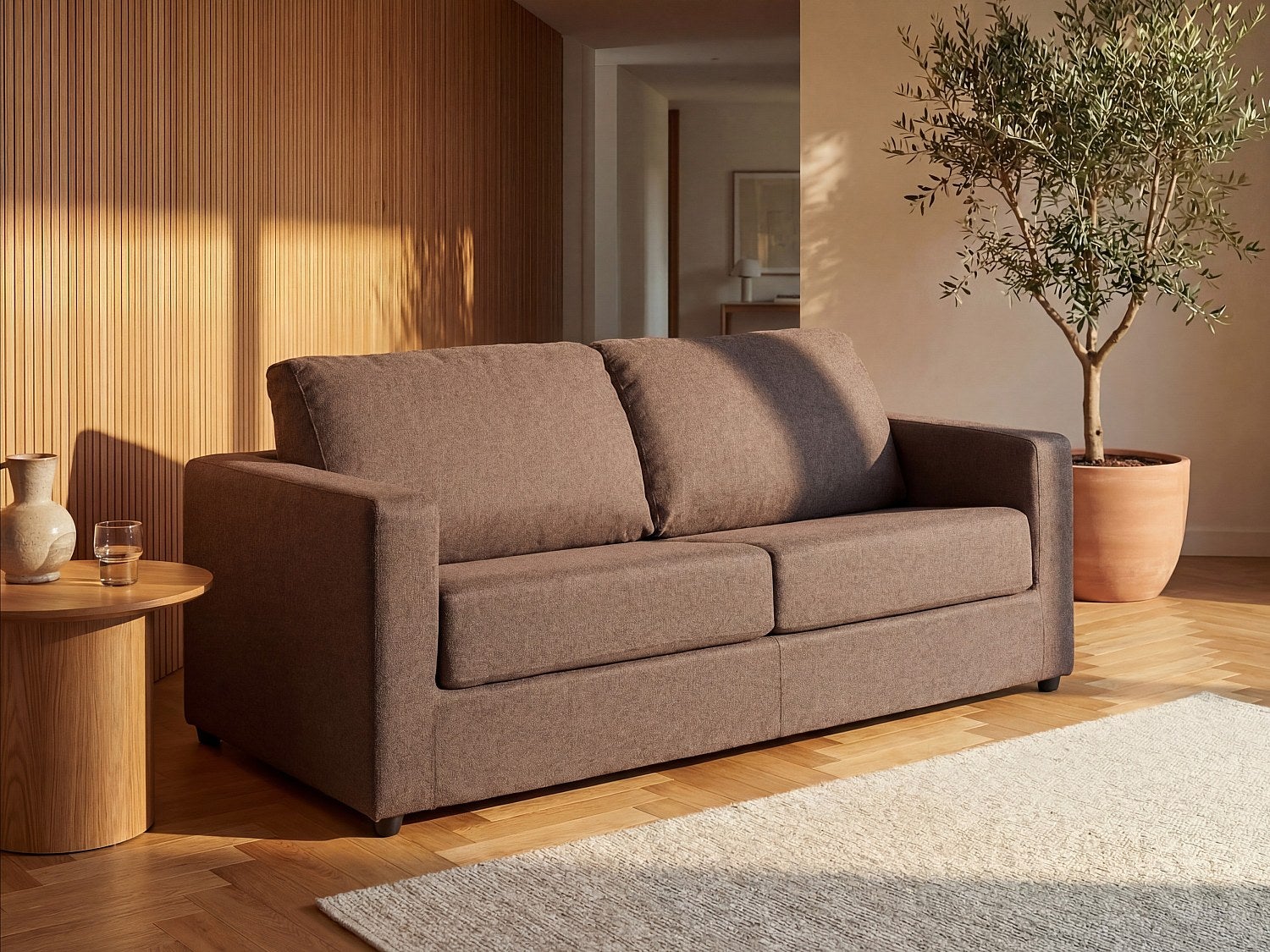 Kanapa 3-osobowa rozkładana typu express z brązową tapicerką - Miejsce do spania 140 cm - Materac 14 cm - DONETO