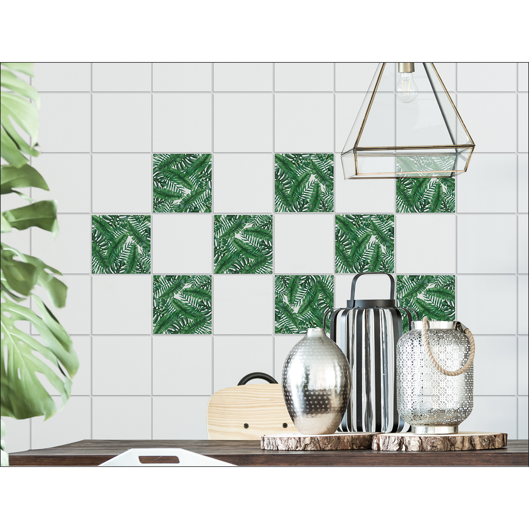 Pegatina azulejos adhesivos decorativos pegatina, hojas de la jungla tonos verdes, hojas de vegetales de plátano, x6, 15 cm x 15 cm