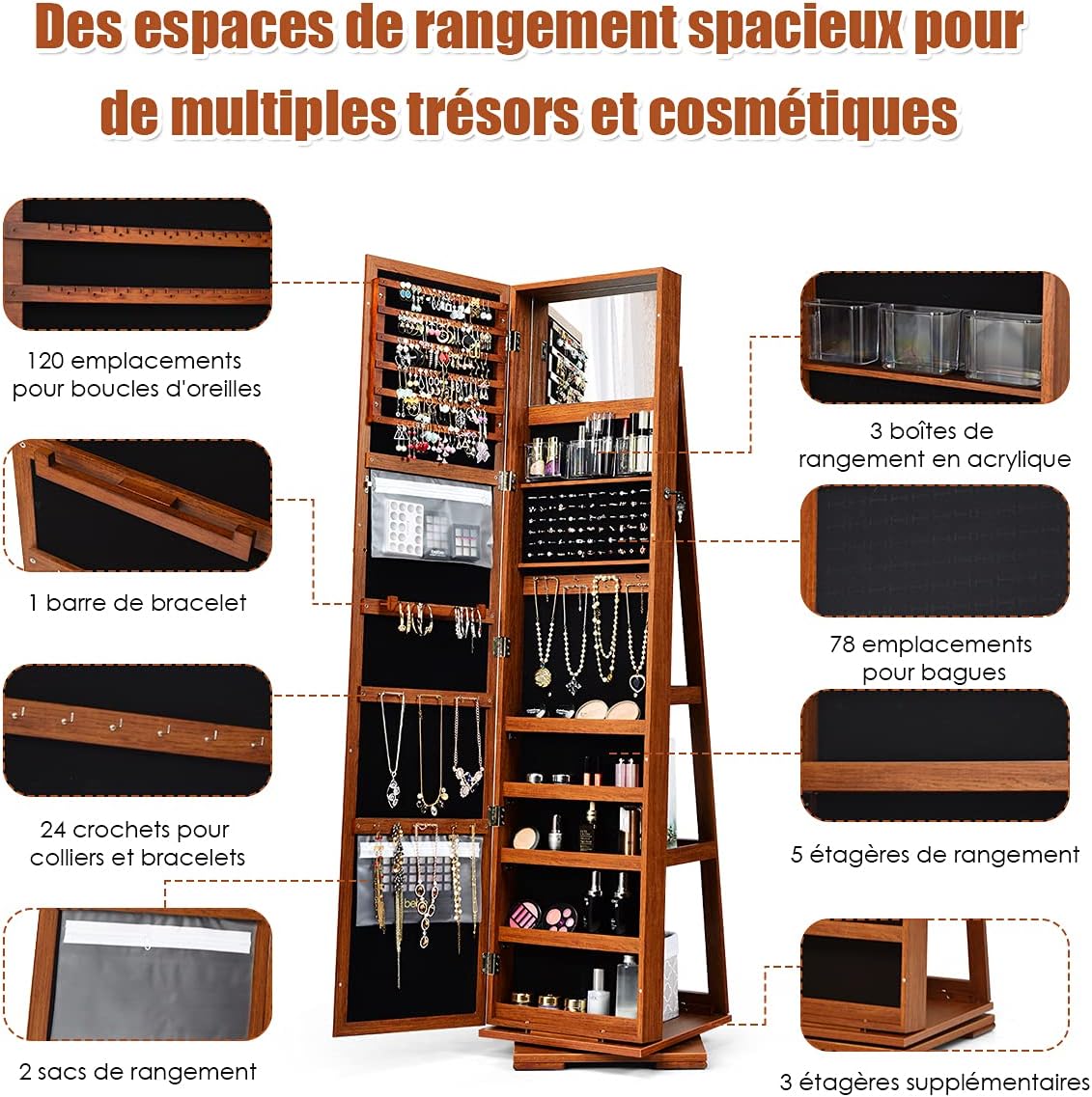 Armoire à Bijoux Pivotante à 360 Degrés sur Pieds,avec Grand Miroir Psyché et Etagère de Rangement à L’Arrière (Marron) - 5