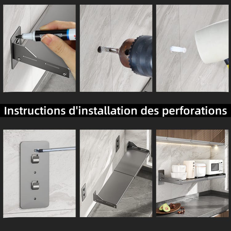 Estante extensible para microondas de cocina, para montaje en pared, sin necesidad de taladrar, 36,5-60 × 34 × 15,7 cm, gris - 6