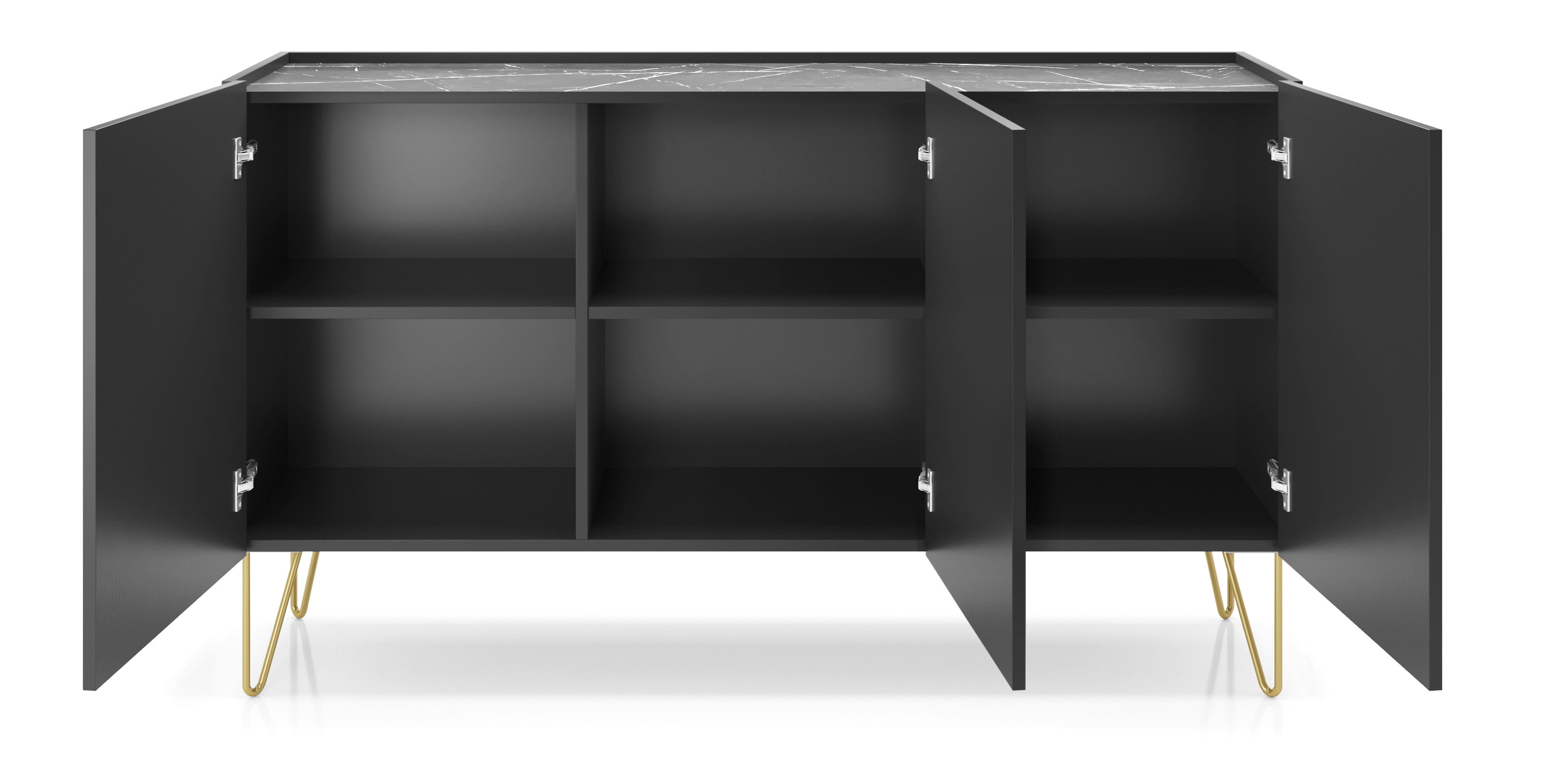 Komoda: 3 drzwi, 6 półek, grafitowa czerń / czarny marmur, 144 cm x 83 cm x 37 cm - 3