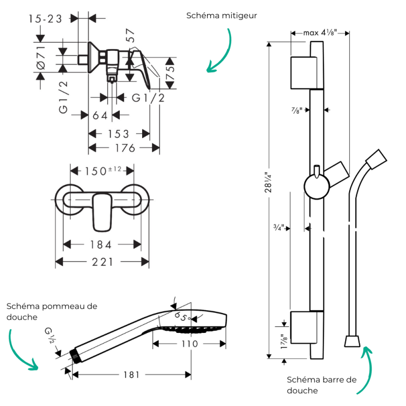 Pack mitigeur douche mécanique HANSGROHE Logis + Barre Unica S Puro + flexible + Pommeau Croma Select E blanc/chromé - 2
