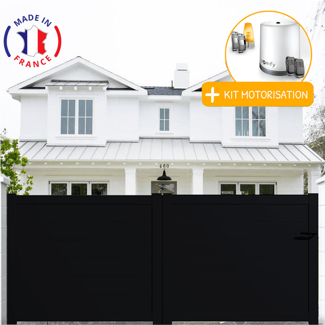 Portail aluminium coulissant plein en kit + Motorisation dimensions L.3500 (entre piliers) X H.1500 mm Couleurs Noir (RAL 9005)