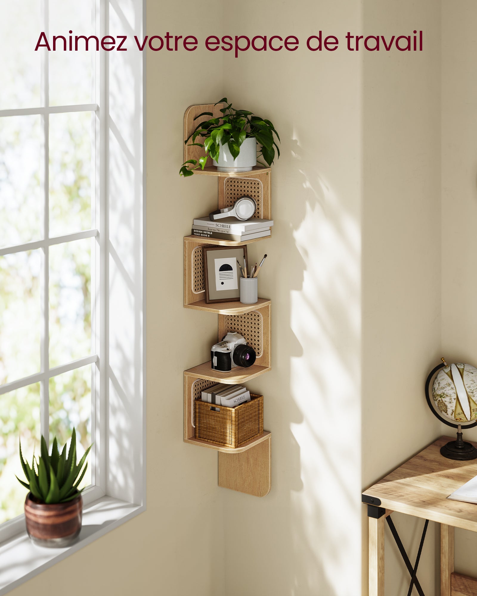 Étagère d’Angle, Étagère Murale Flottante à 5 Niveaux, Côtés en Rotin PVC, Style Boho, Couleur Chêne Beige - 4