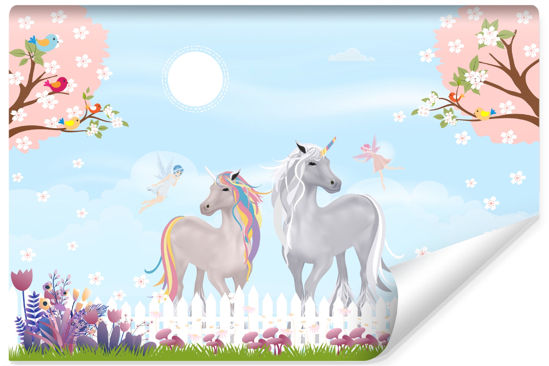 Papel pintado fotografico no tejido para habitación infantil licorns hadas flores arboles 180cm x 120cm