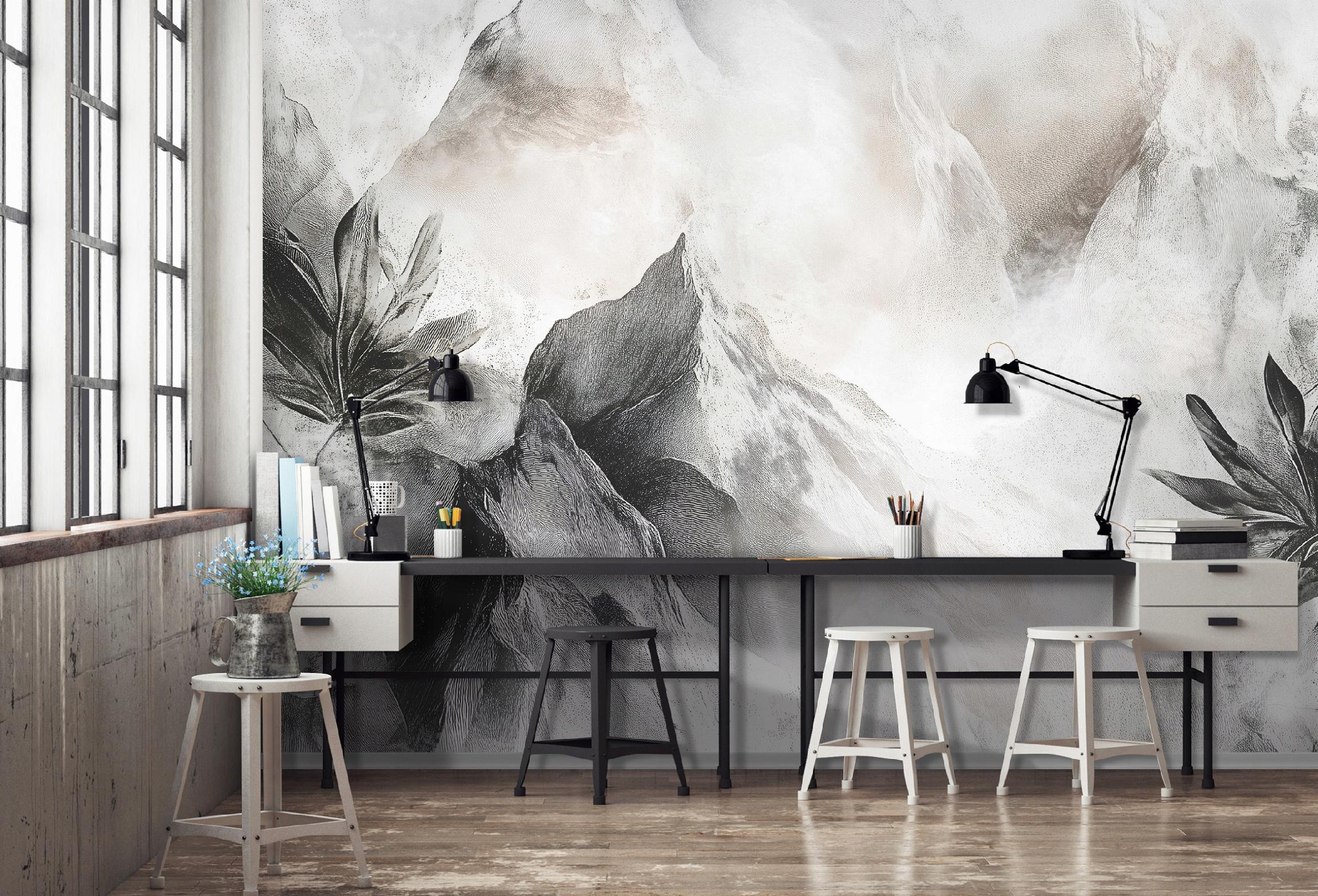 Papel pintado panorámico de hojas de hormigón gris 350x250 cm - Incluye cola - Dormitorio y salón - Mural de pared moderno - 2