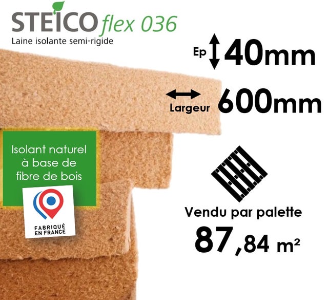 LAINE DE BOIS STEICO FLEX 36 - EPAISSEUR 40MM (R=1,10) - DIMENSIONS 600MM x 1220MM - PALETTE ENTIÈRE 87,84M²