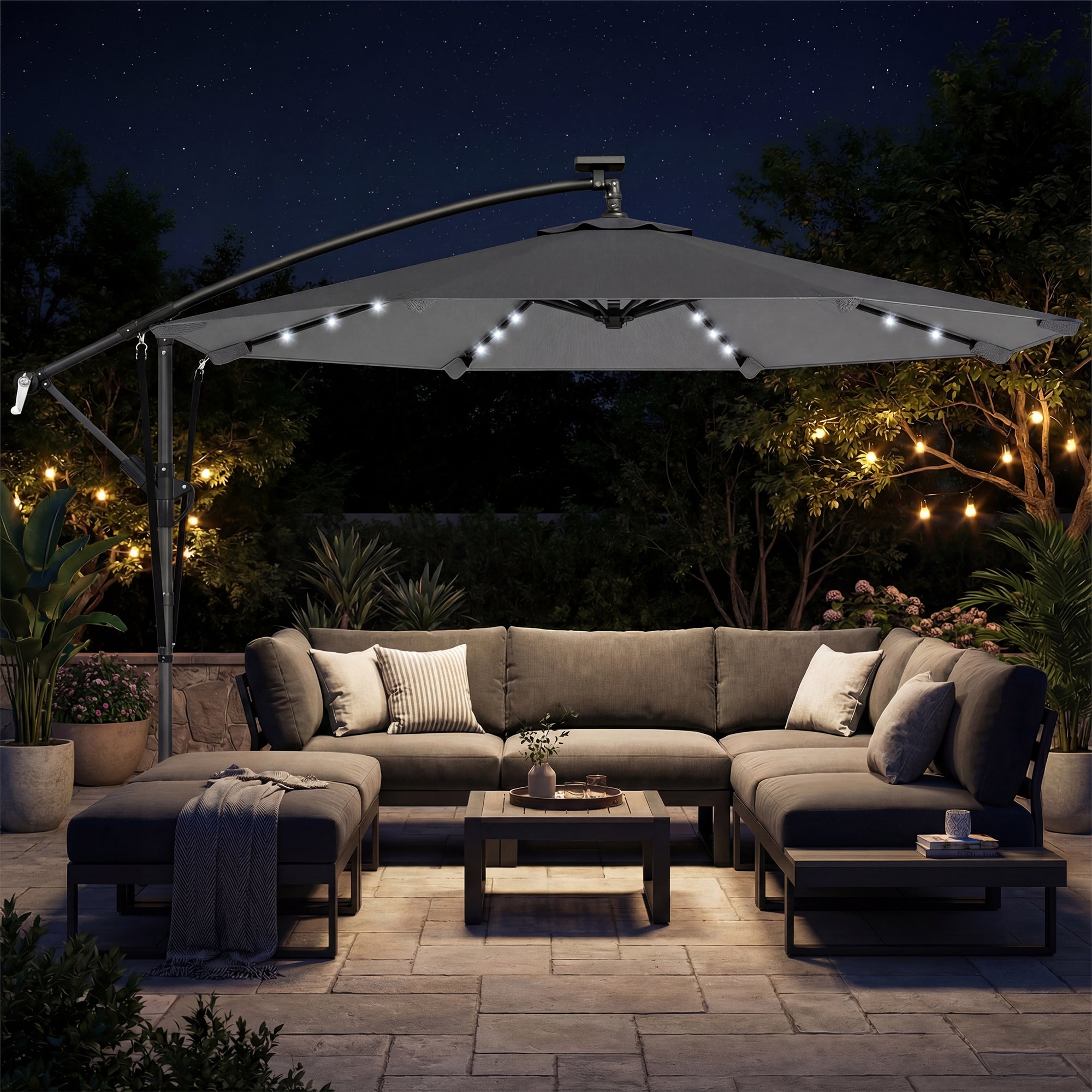 Parasol déporté LED solaire 32 lampes Ø 295 cm gris | Leroy Merlin