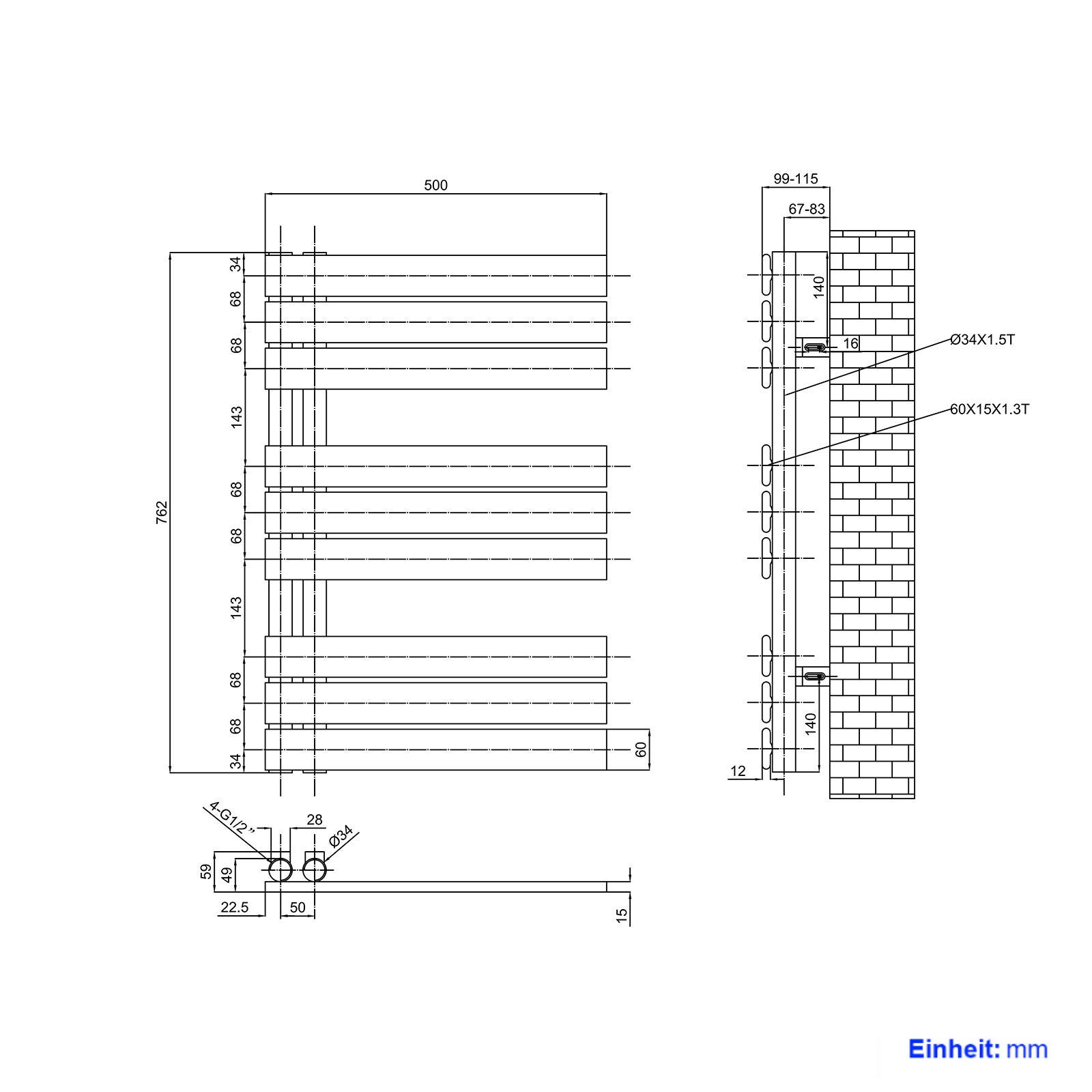 EMKE Grzejnik Łazienkowy 397W, 76,2x50 cm, 4 bar, do 4 m² – Czarny - 5