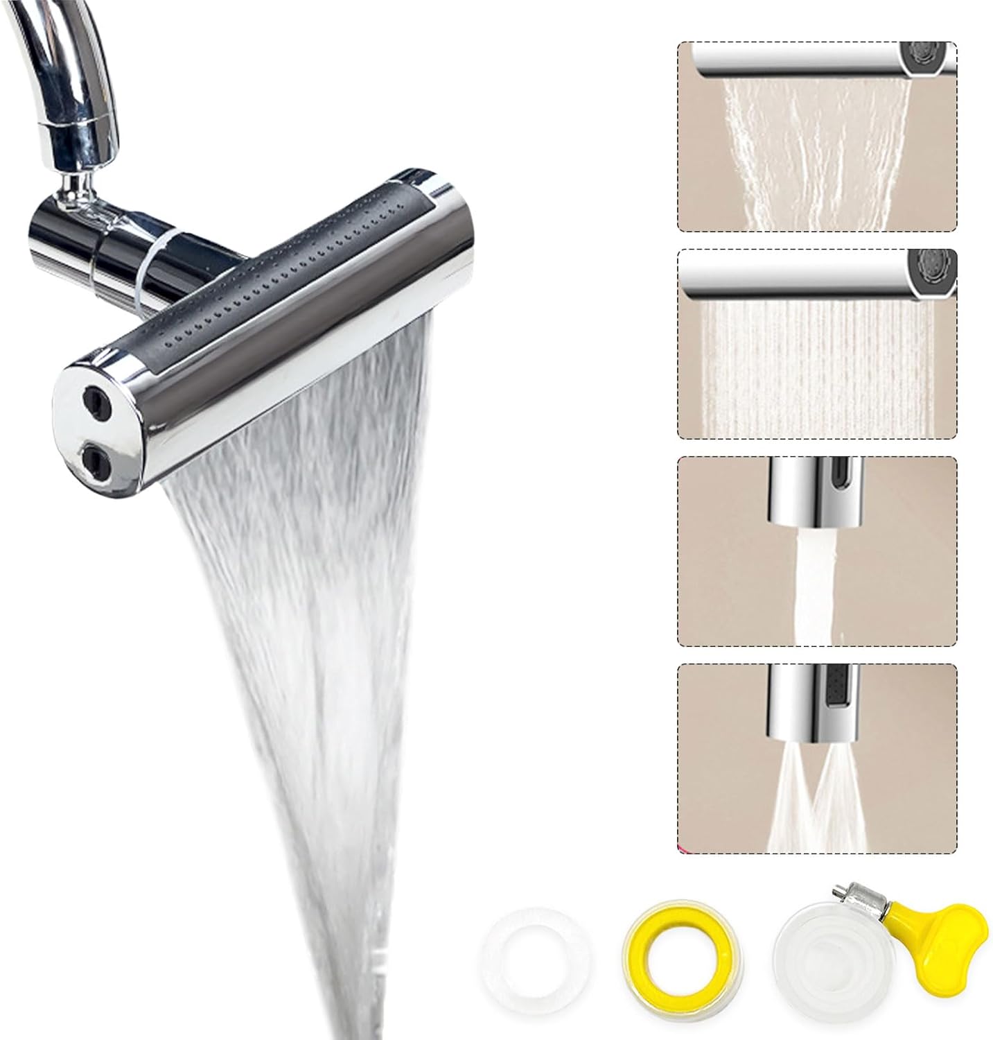 Bateria kuchenna kaskadowa 4 w 1 (srebrna, 13 cm), obrót o 360°, obrotowa bateria kaskadowa, dysza rozpylająca z 4 funkcjami, do mycia warzyw