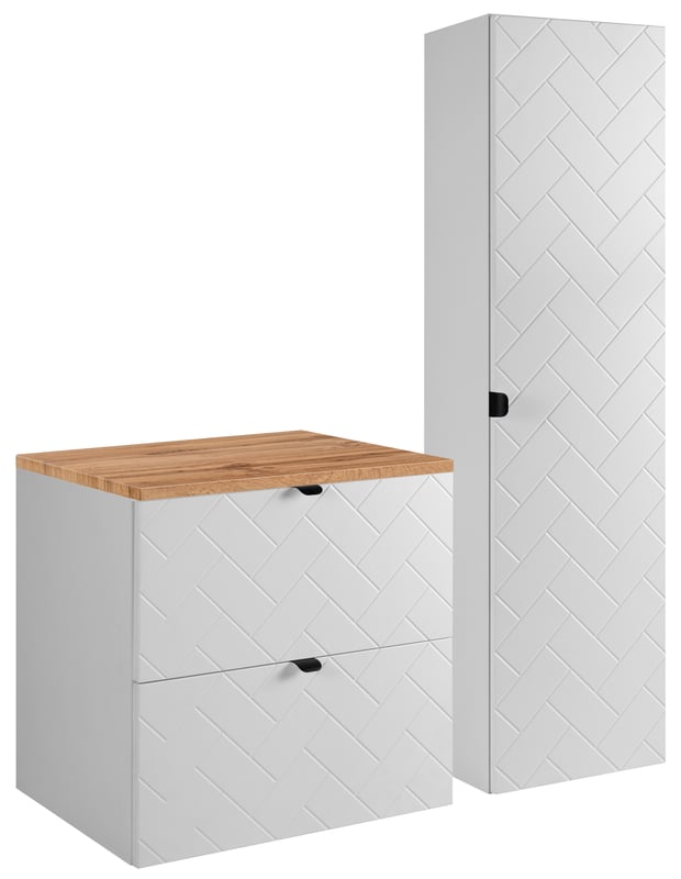 Biały zestaw mebli łazienkowych MADIS szafka 60 cm z blatem dąb wotan i słupkiem ryflowanym