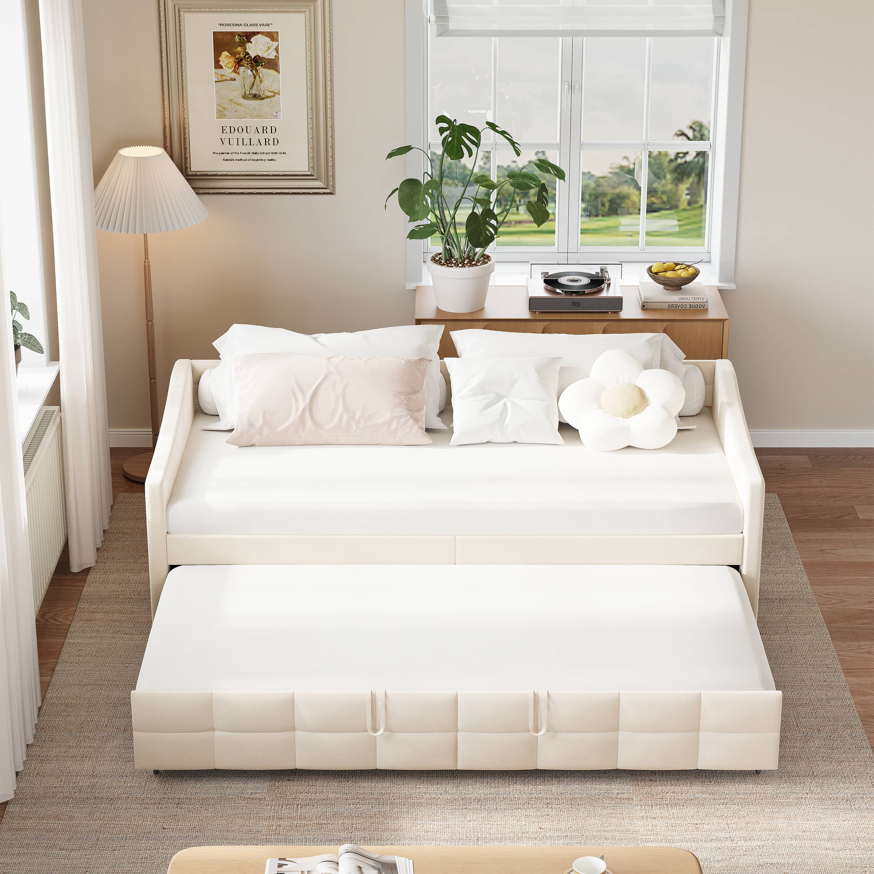 Canapé-lit Extensible 90x200cm,Canapé lit 2 Places,lit Simple avec sommier à Lattes,avec lit gigogne,sans matelas,beige - 2