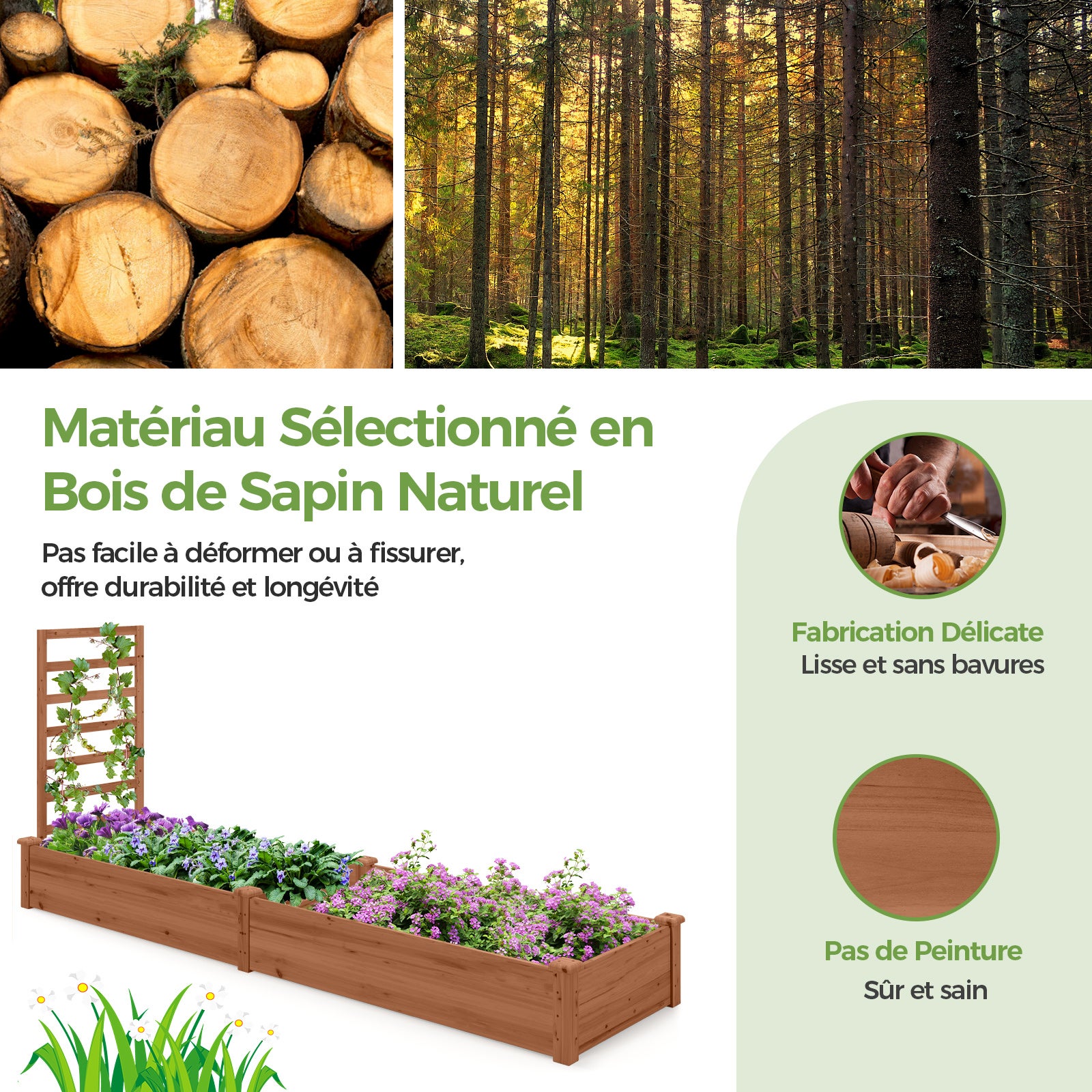 Jardinière avec Treillis en Bois avec Base Ouverte, 2 Bacs à Fleurs Extérieur pour Plante Grimpante, Lit de Jardin Surélevée, Marron - 3