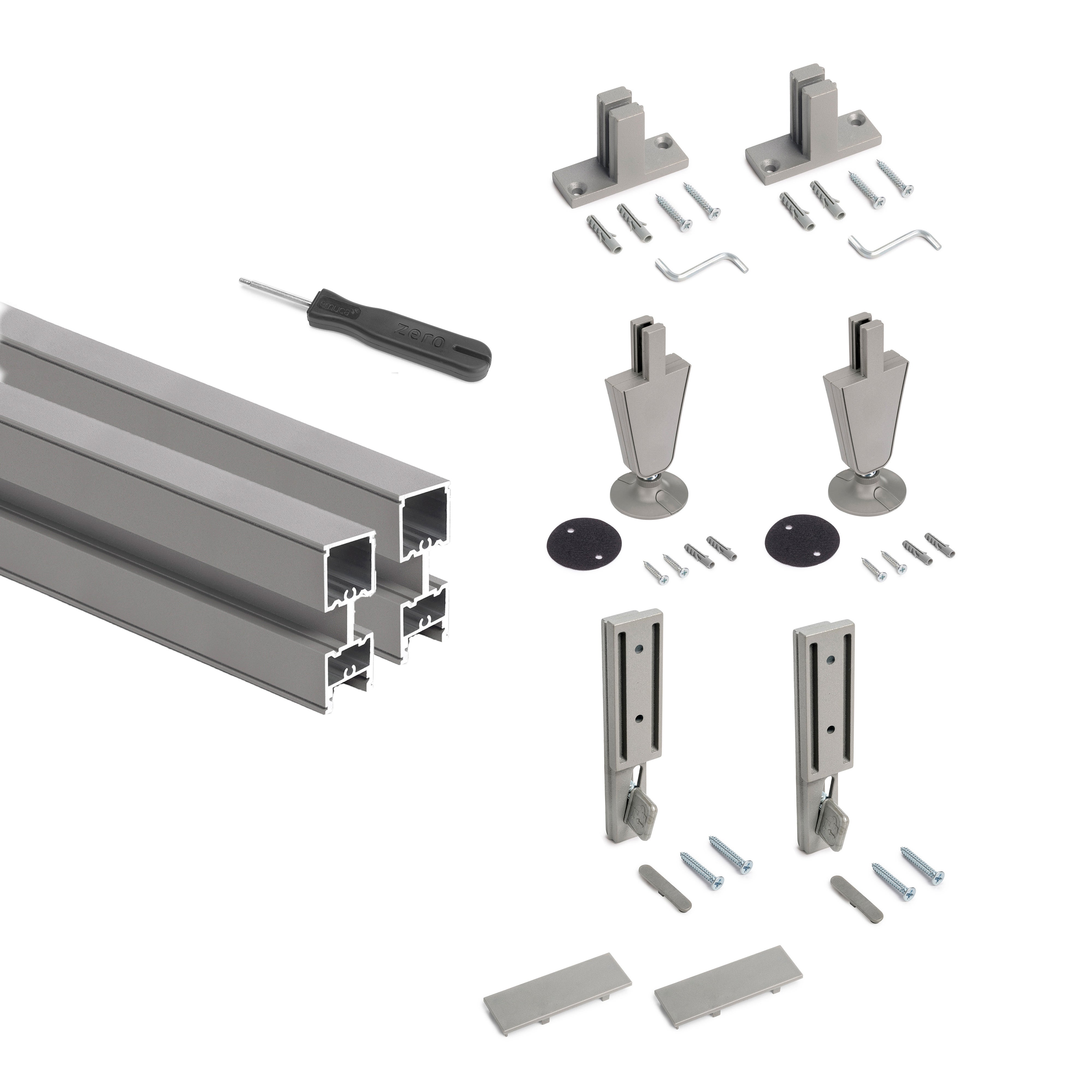 Emuca Pakiet 2 ramek Zero z okuciami i profilami do montażu podłogowego i ściennego z okrągłym regulatorem, Aluminium i Znal, Kamiennoszary