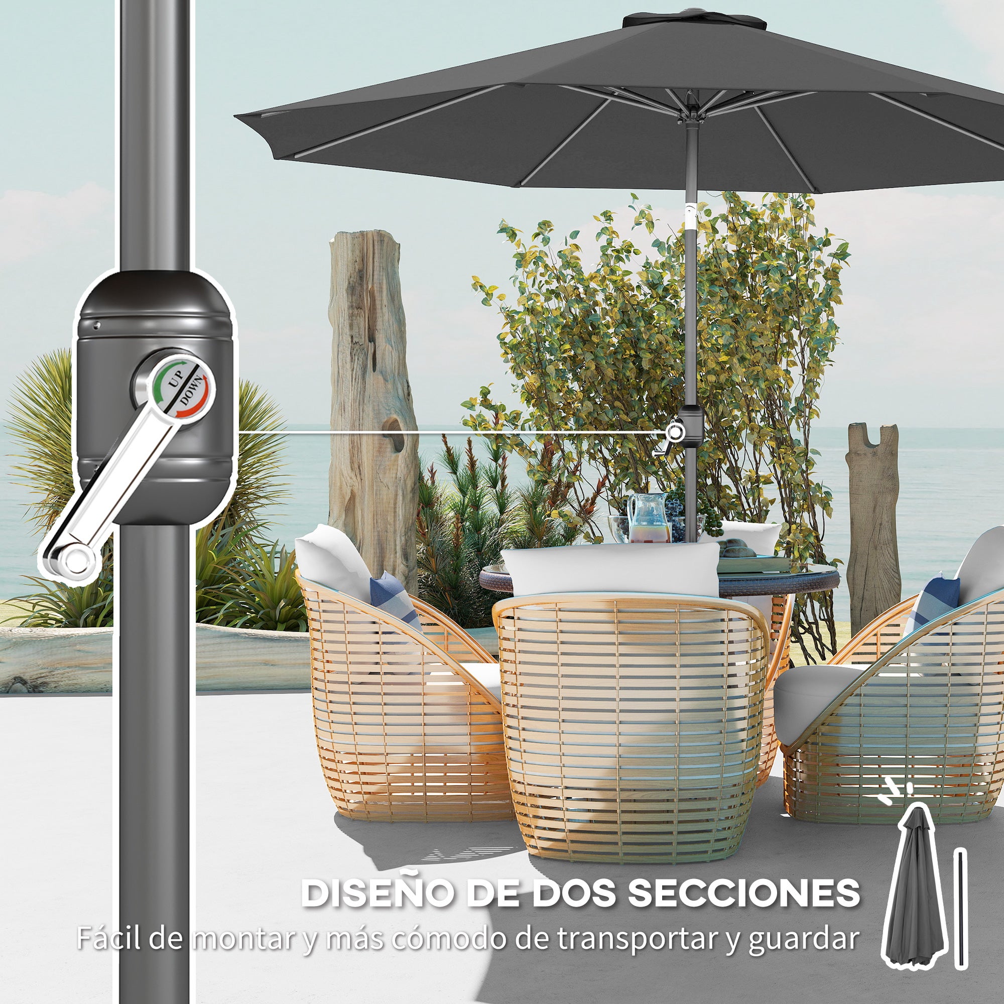Parasol jardin Ø295x250 cm manivelle basculante, poteau métal amovible, gris foncé - 8