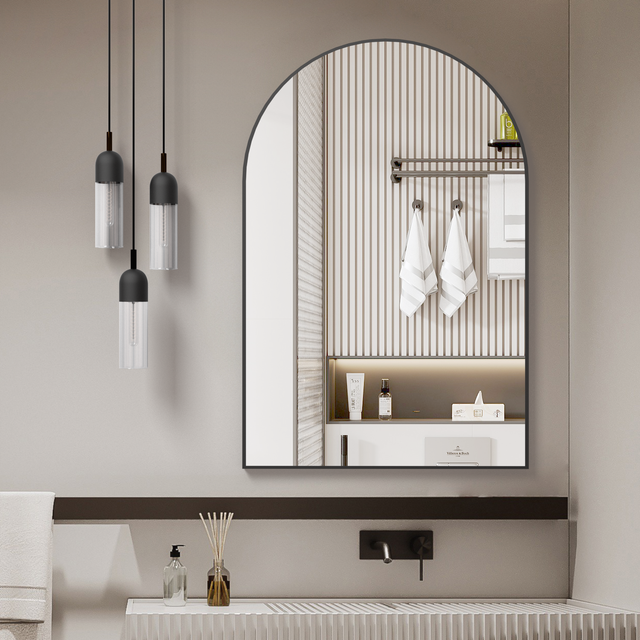 Specchio Da Parete Ad Arco Largo 106x81 Cm In Legno Stile Boho Barocco - Decorativo Per Soggiorno, Bagno, Ingresso, Camino - 5