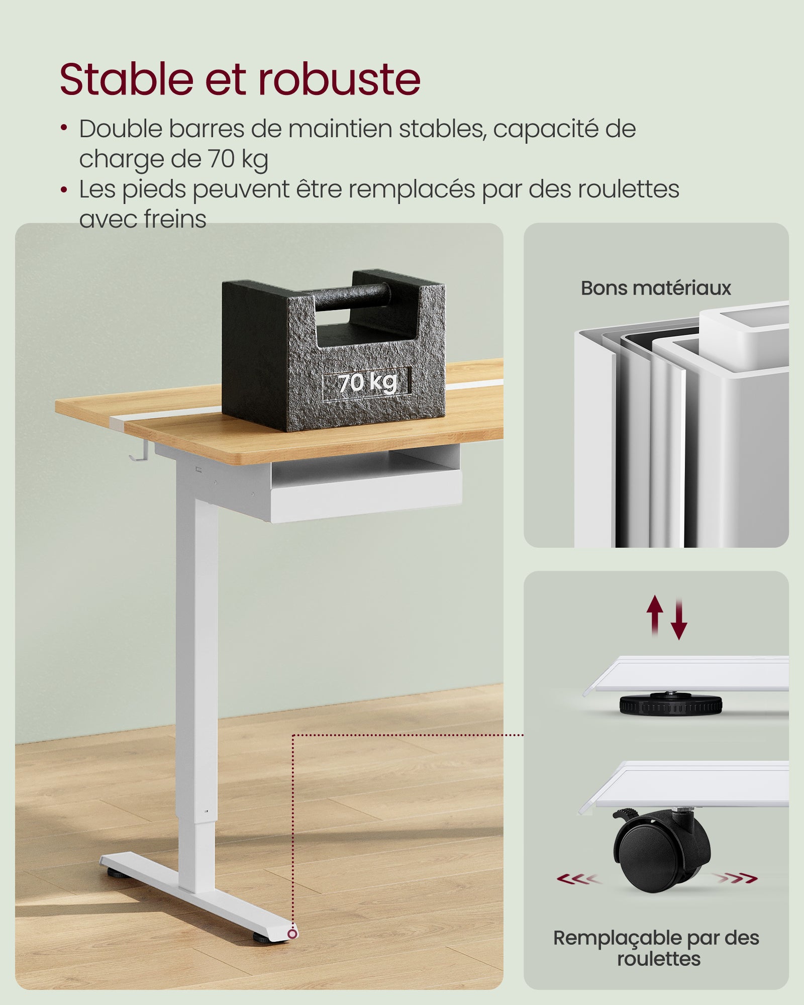 Bureau Électrique Réglable en Hauteur, Multiprise, Tiroir, 70 x 160 cm, Réglable en Continu, Couleur Chêne Naturel et Blanc Nuage - 7