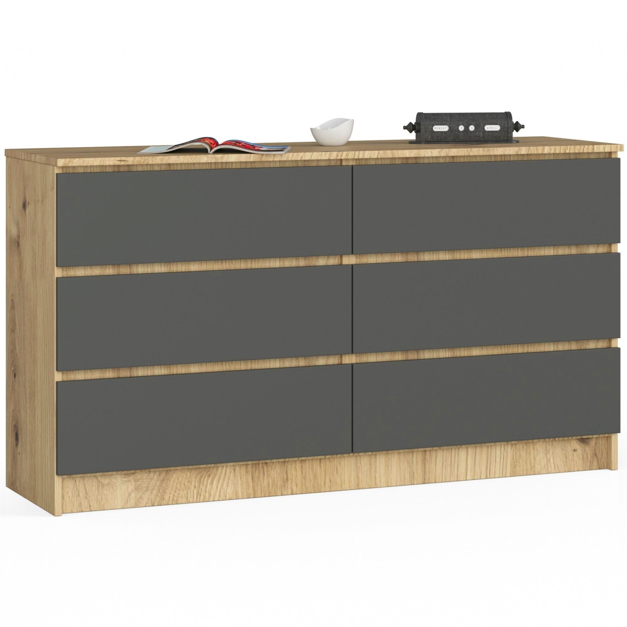 Komoda AKORD K140 Dąb Artisan 138 cm 6 szuflad kolor Grafit Szary mat 138x40x77 cm