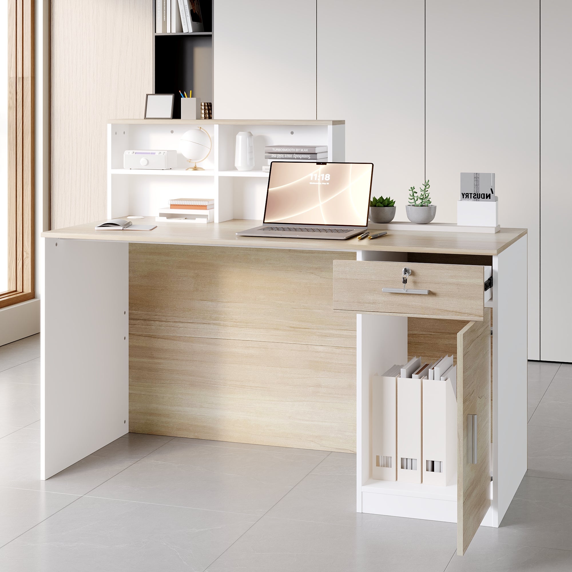 Comptoir de réception avec compartiments ouverts Tiroir verrouillable étagères Salon Bureau Bois&Blanc 140x60x110cm - 3