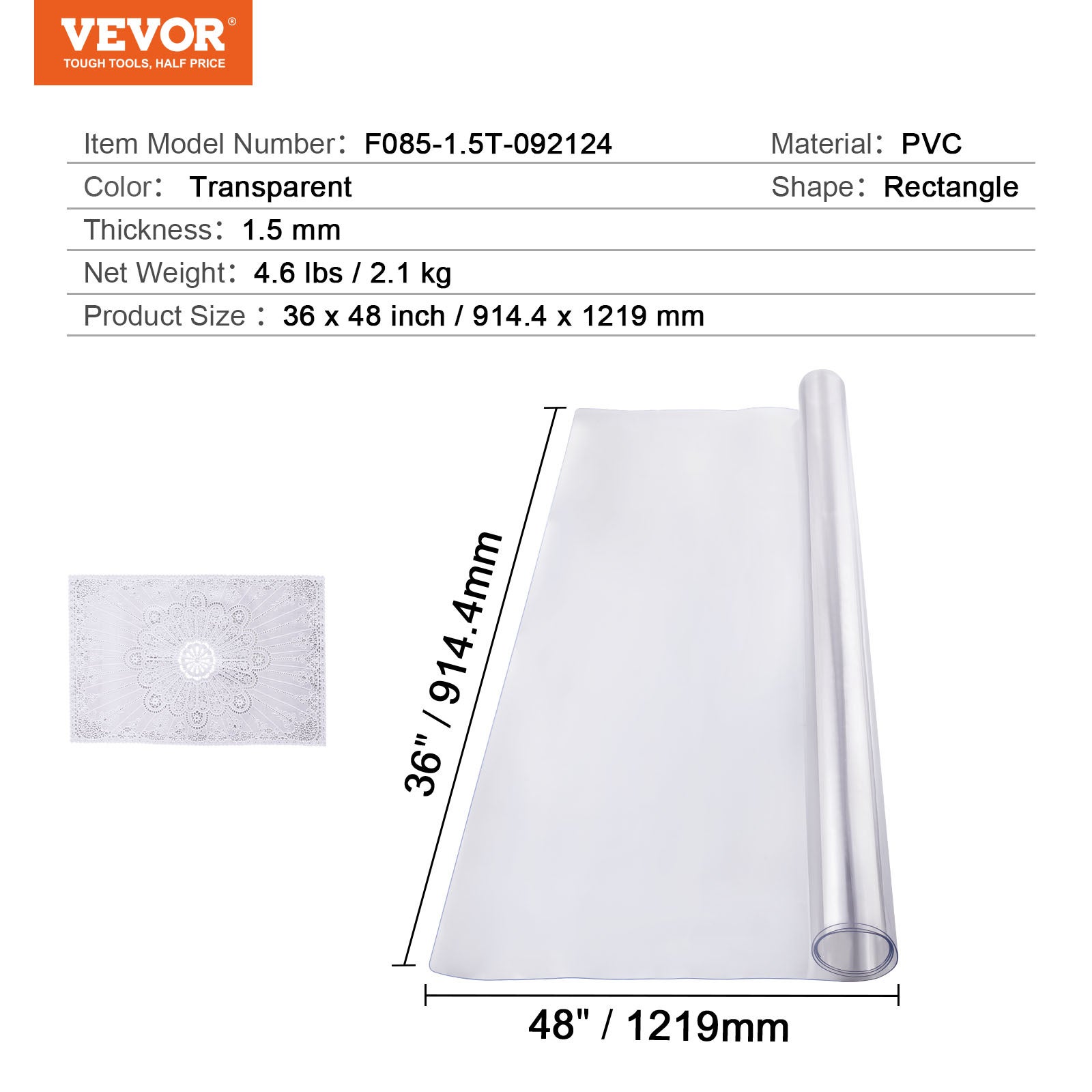 Protector escritorio de PVC transparente,VEVOR 36 x 48 pulgadas,1,5 mm de espesor,rectangular,impermeable,adecuado para oficinas y restaurantes - 7