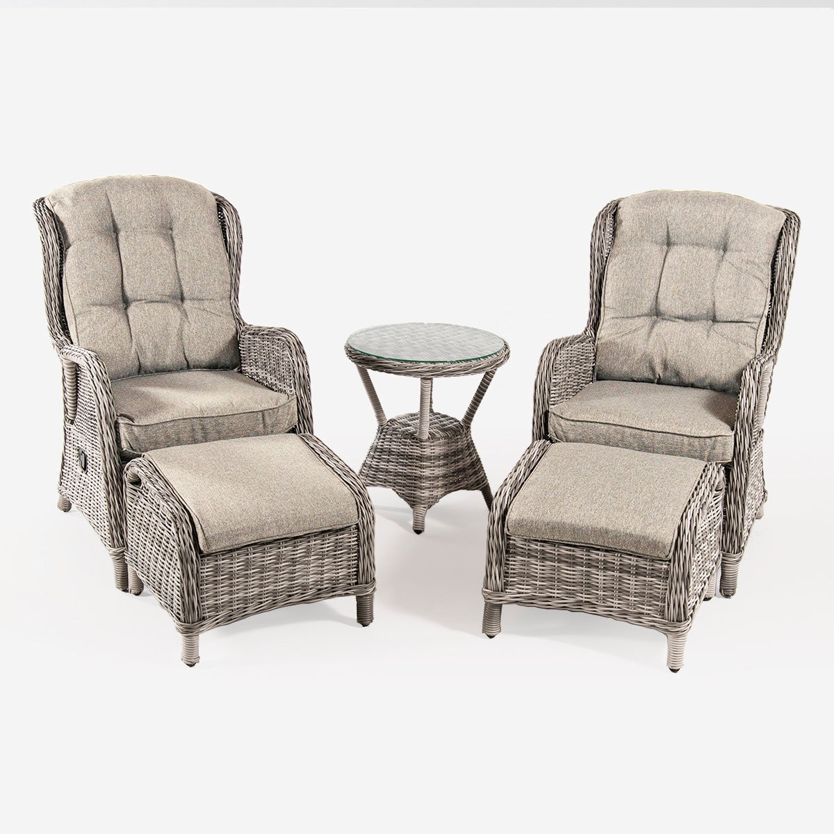Conjunto relax para jardín, reclinable, aluminio y ratán sintético redondo, color gris claro, mesa:50x50x55 sillon:64x80x105 reposapies:59x53x46