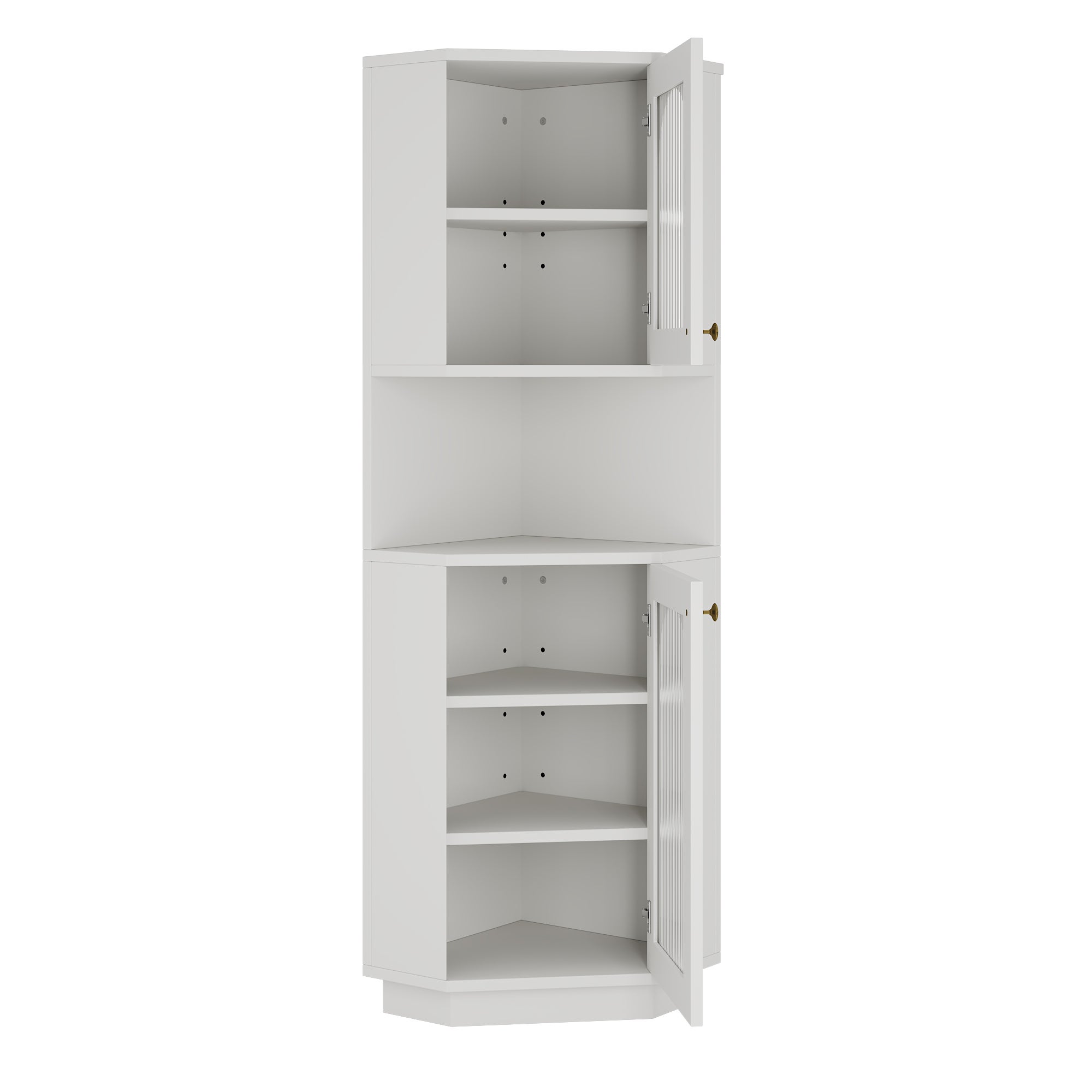 Narożna szafka łazienkowa z 2 drzwiami i 1 wnęką - 45 x 45 x 166,5 cm - Diody LED - Płyta MDF - Regulowane półki - Biała - 4
