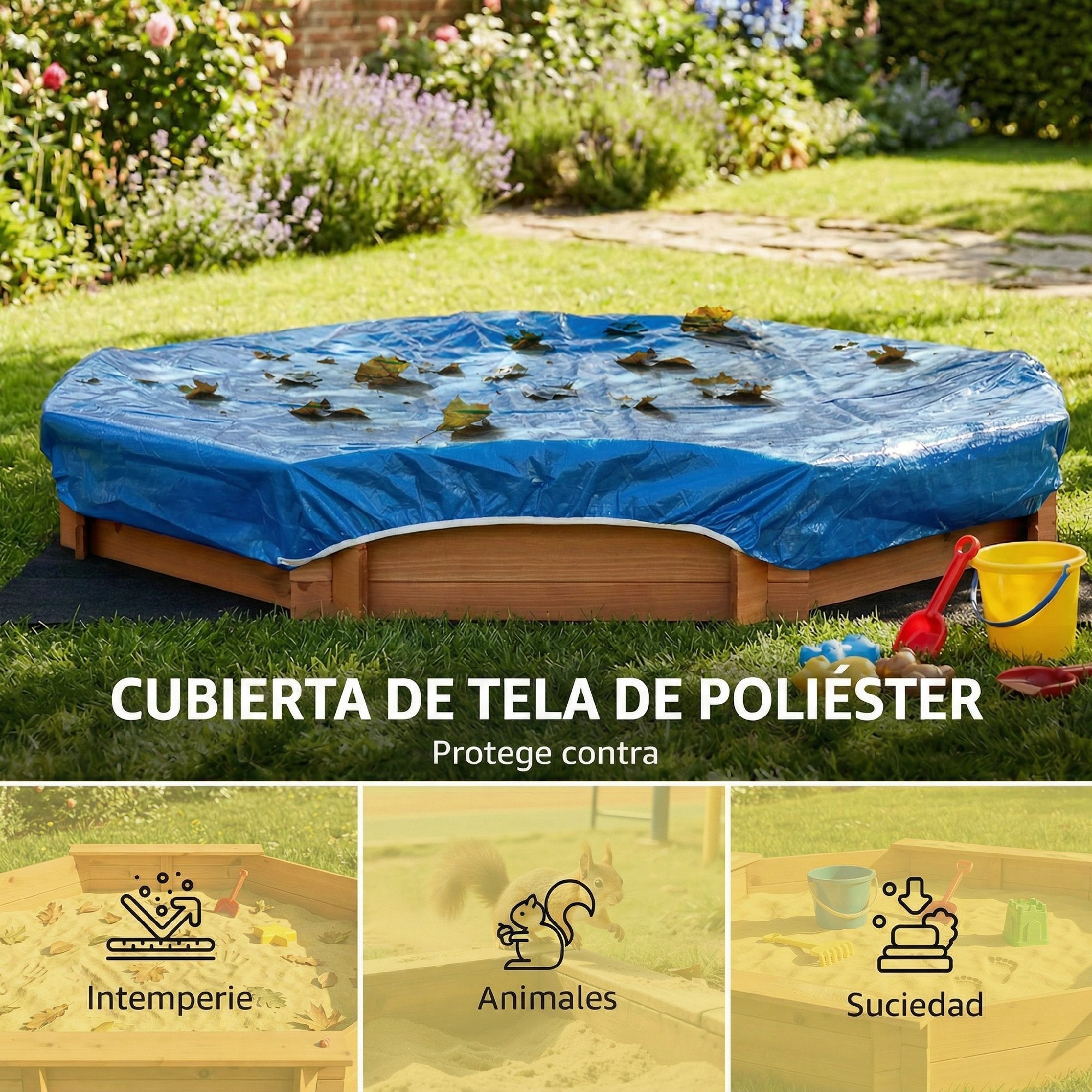 Caixa de Areia para Crianças Outsunny Vermelho e Azul Madeira de Abeto e Poliéster 139,5x139,5x21,5cm - 4