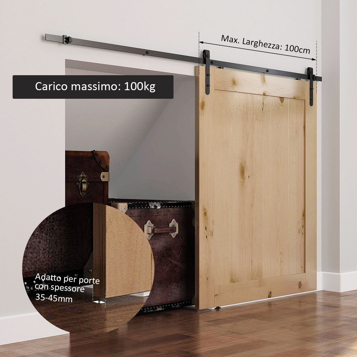 Kit d'accessoires pour rail de porte coulissante de 200 cm avec rail et roulettes, capacité de charge 100 kg, acier au carbone, 200 × 4 × 0,6 cm - 6