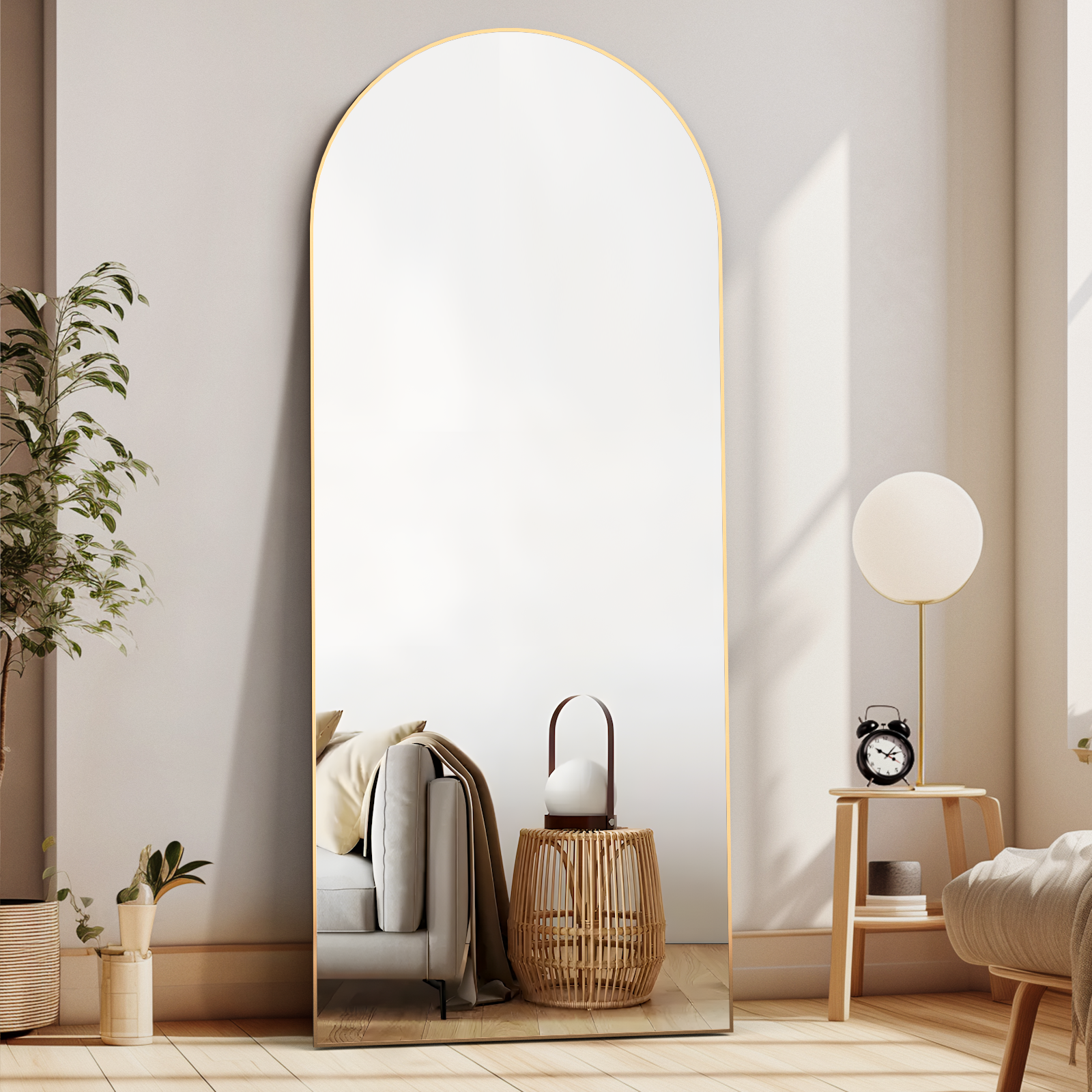 Miroir pleine longueur 165 x 60 cm, miroir de sol avec cadre en aluminium, miroir sur pied arqué lisse, doré - 4
