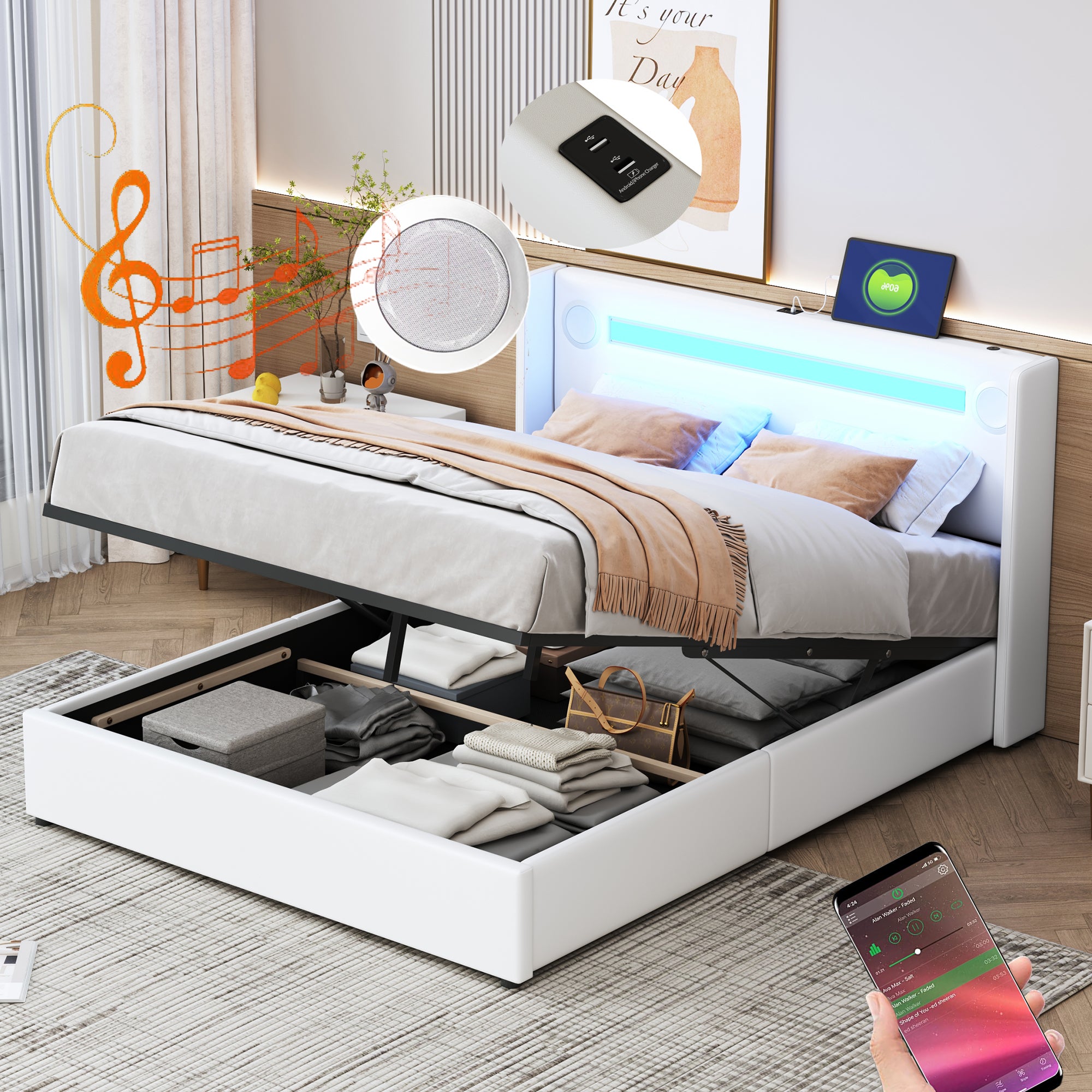 Łóżko ze schowkiem 140 x 200 cm - skóra ekologiczna - diody LED, Bluetooth i port USB - kolor biały