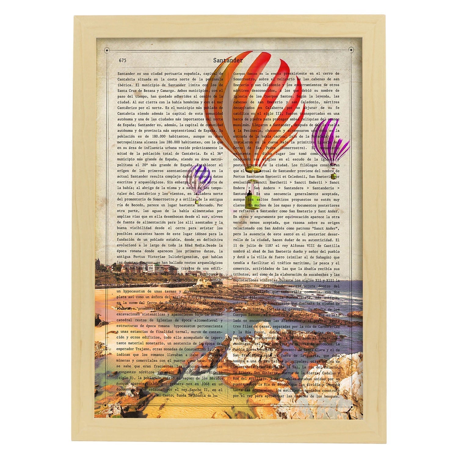 Lamina ciudad de santander. estilo vintage. ilustracion, fotografia y collage con la historia de santander. marco blanco - a3