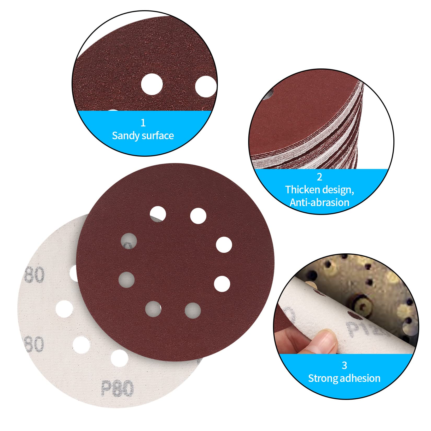 100 peças de discos de lixa 125 mm, disco de lixa de grão 240, lixa de 8 furos, folhas de lixa para lixadeira orbital aleatória de parede - 6