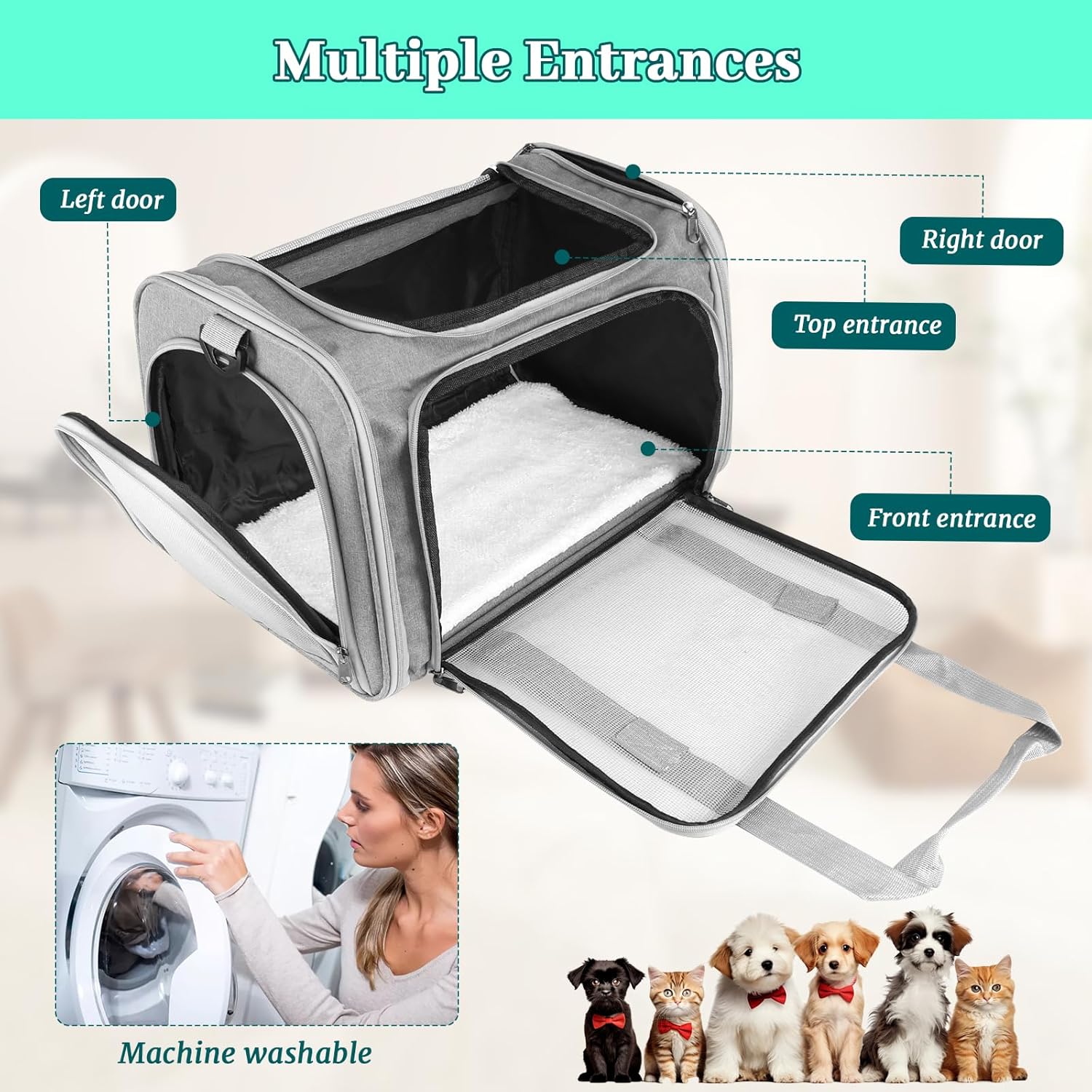 Bolsa de transporte dobrável e respirável para gatos e cachorros, ideal para viagens de trem e carro (cinza, 45x28x28cm). - 4