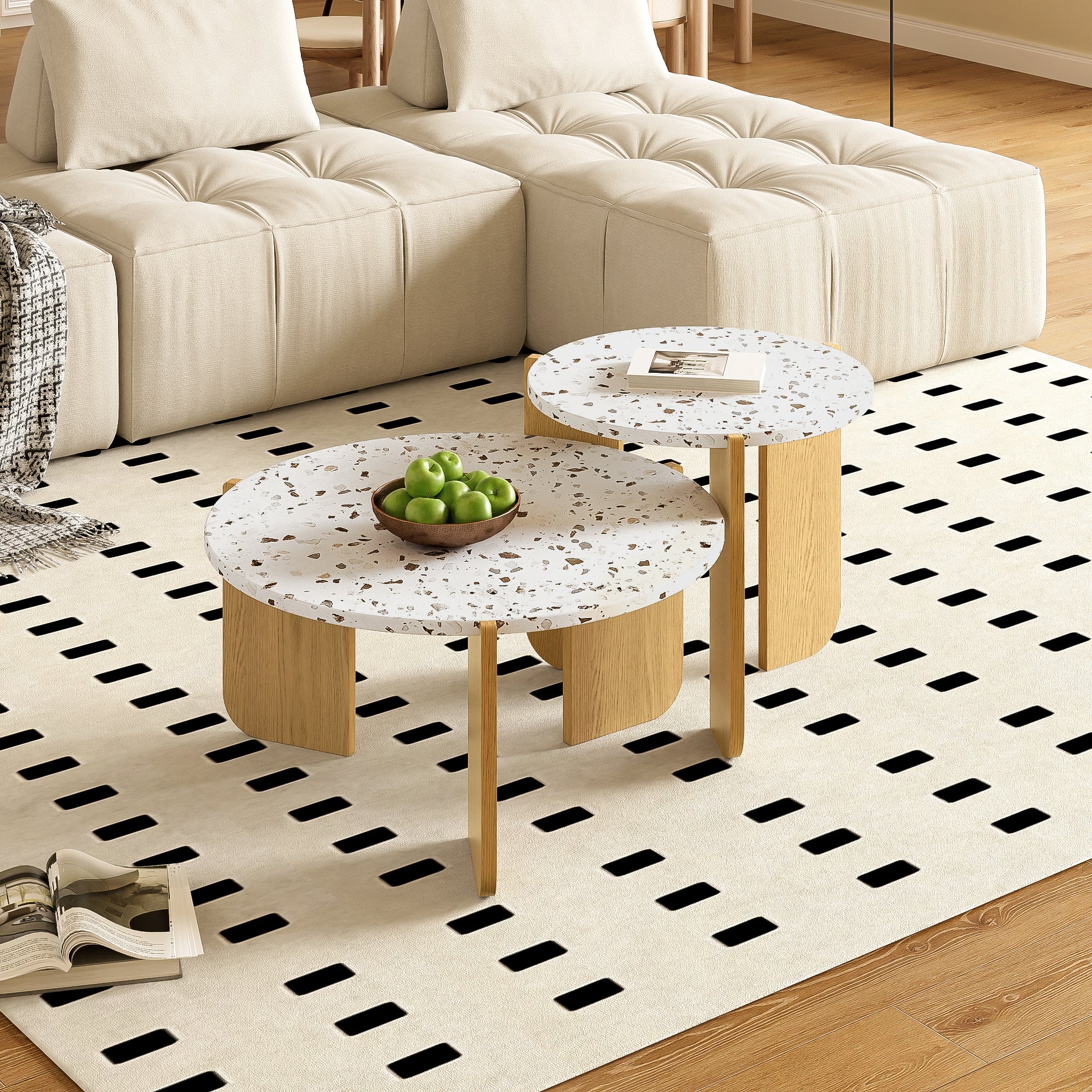 Tables Basses Gigogne Ronde lot de 2, Design Scandinave - Plateau Terrazzo & Pieds en Bois,Table d'appoint pour Petits Espaces,MDF+Naturelle - 2