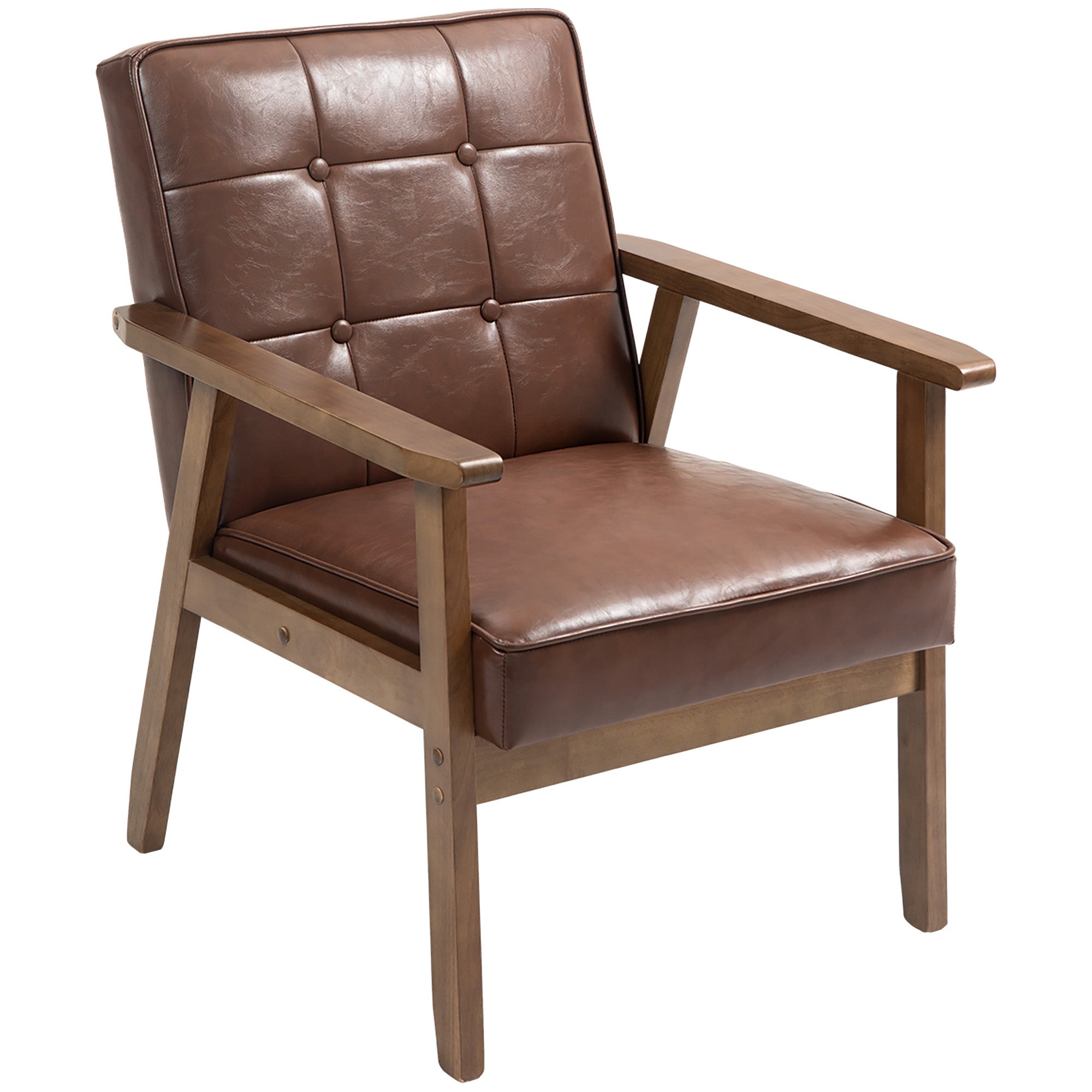 Fauteuil de salon, fauteuil de chambre en cuir synthétique, dossier capitonné, pieds en bois massif, 64x73x81cm, marron - COMFORTXL - 4
