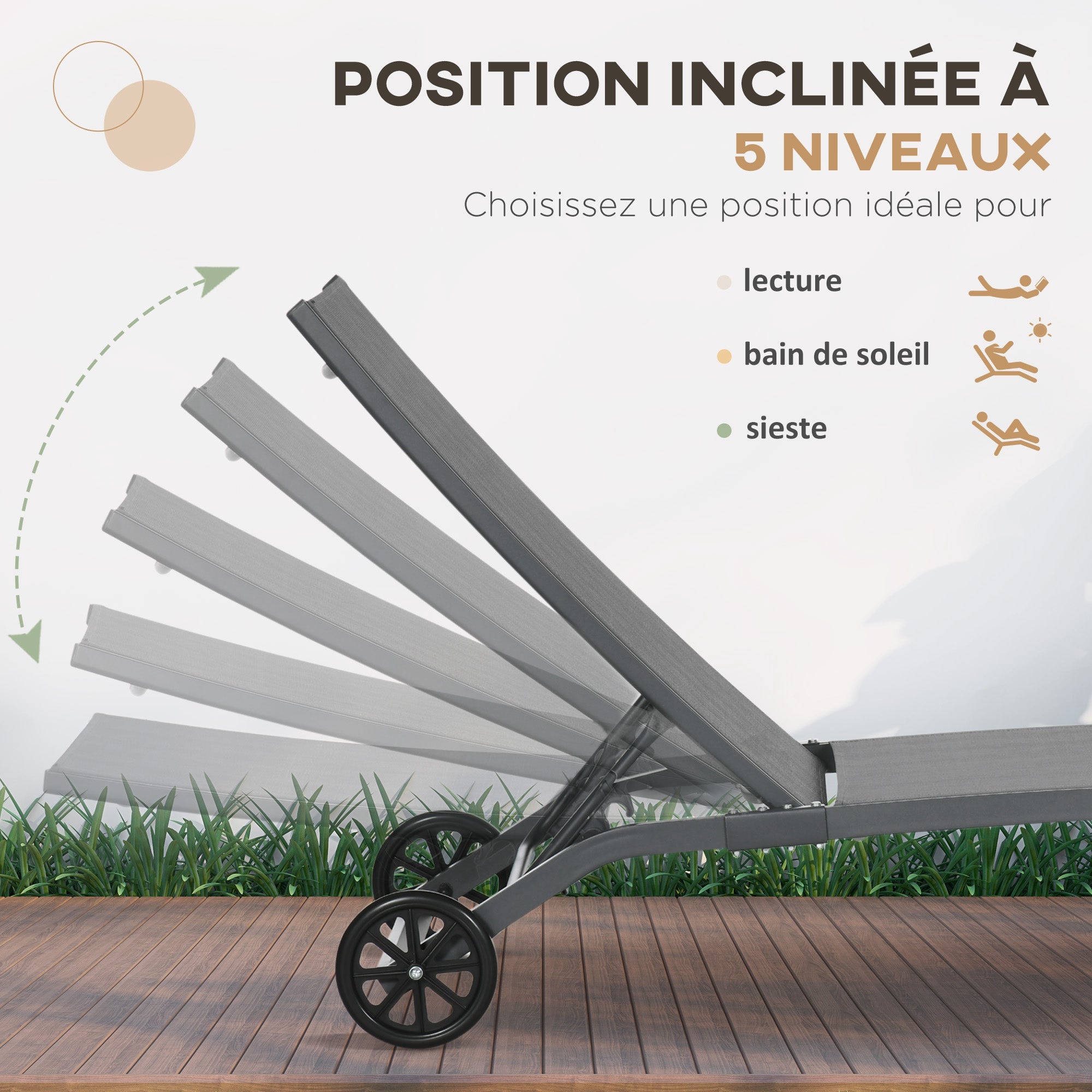 Lot de 2 bains de soleil transats inclinables alu. textilène - 5