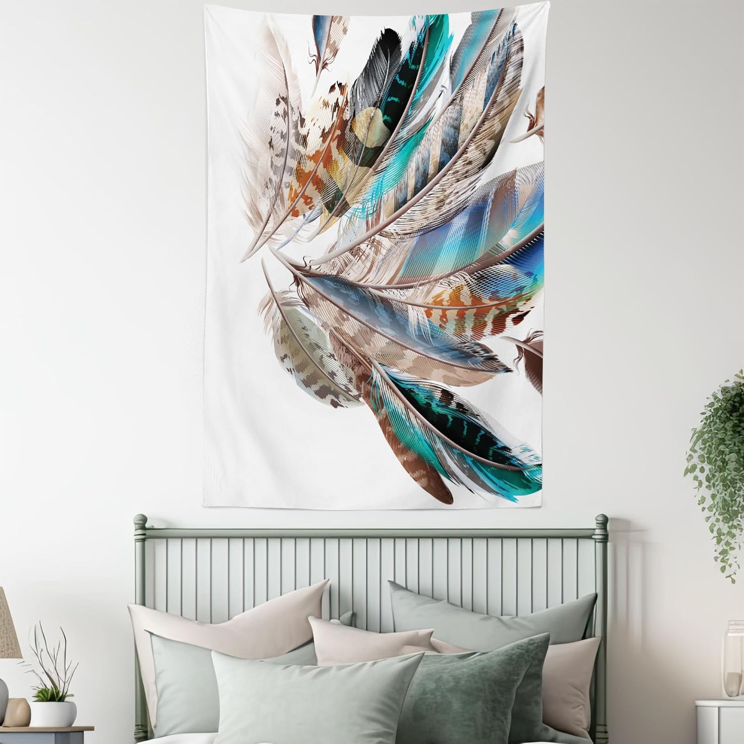 Gobelin z piór, rodzaje piór i rodzime kontury, pióra ptaków i elementy skór zwierzęcych, salon, sypialnia, 152 x 203 cm, brązowo-zielony - 3